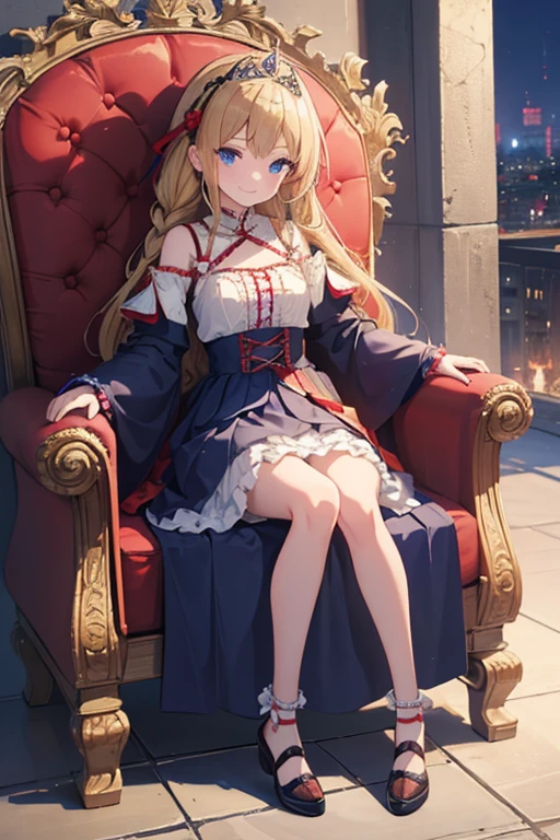 masterpiece, highest quality, High resolution, -yeld giblue eyes、
blonde,  Vulgar smile、Braiding、Crimson frill dress, Clothes with puffy shoulders、flare skirt、Long skirt covering the legs、Tiara on head、In the city、Sitting on the throne