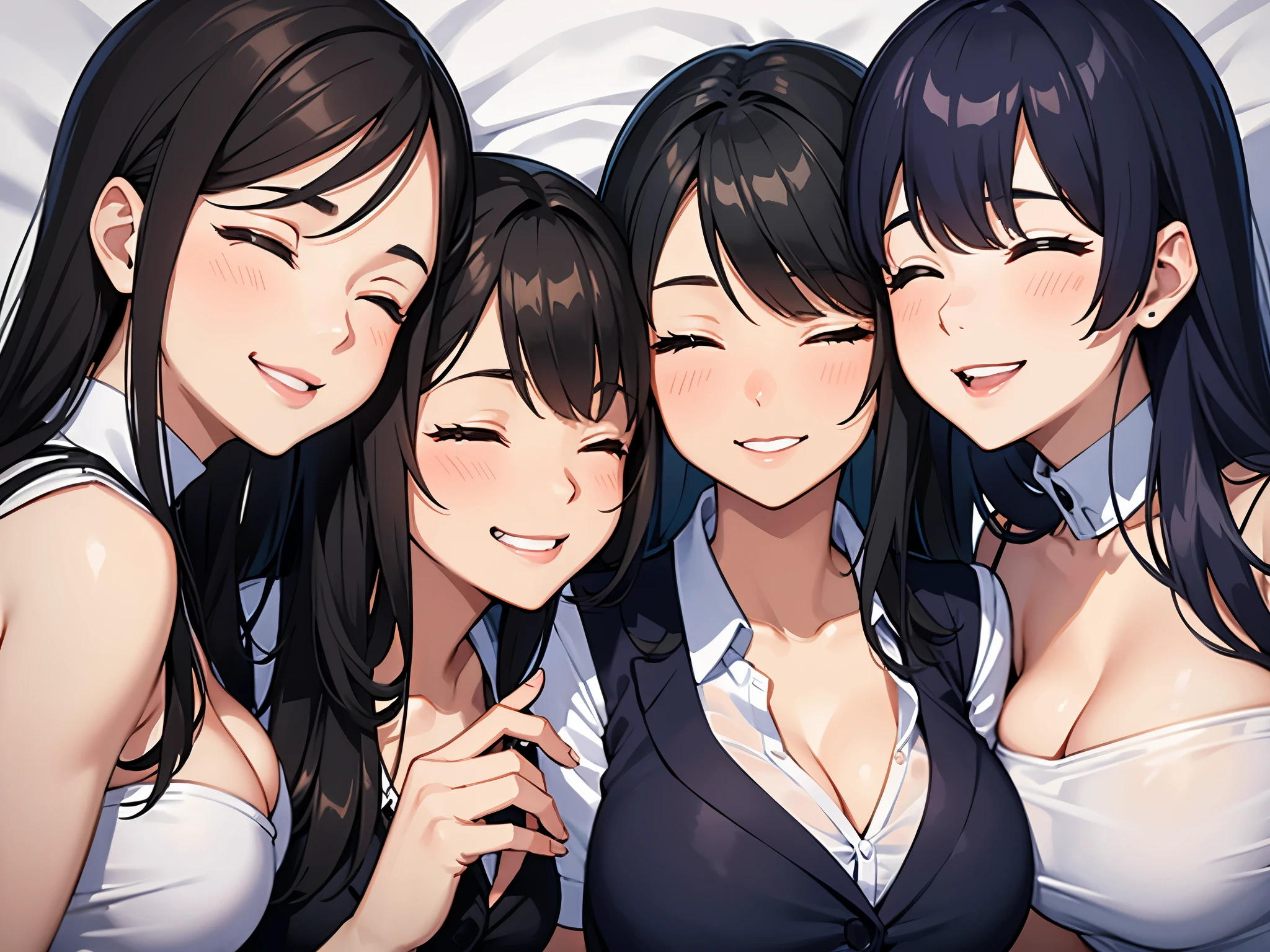 three sexy women in outfits, flirtatious smiles, on bed, closed eyes, opened mouths moaning, close up faces portrait