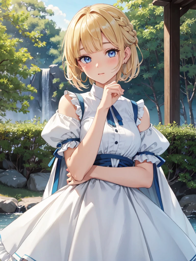 masterpiece, best quality, ultra detailed, highres, extremely detailed CG unity 8k wallpaper, perfect lighting, very detailed background, Outdoor、beautiful and aesthetic,sharp focus, perfect face, Perfect hands、Perfect Fingers、Perfect toes、Five fingers、
Glossy blonde、blue eyes、White clothes, look down、Upper Body、Fair skin、Short Bob、Completely wet、French Braid、Blushing、Blunt bangs、Hoop Earrings、Gradient Hair、The left sideburn is longer than the right、Hide your arms behind your body
