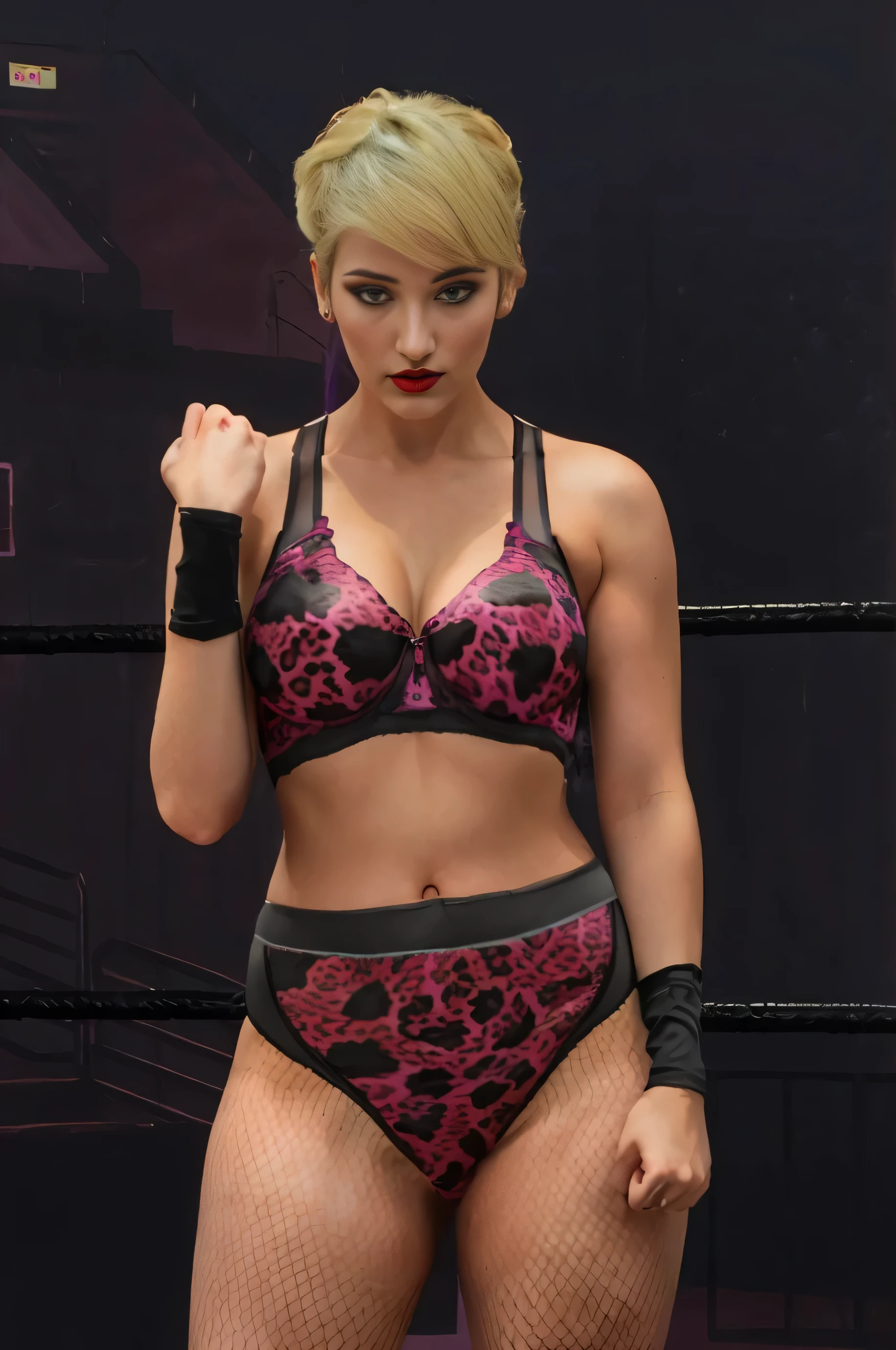 ((masterpiece, best quality)), ((((perfect anatomy)))), (33 year old)), (((Curvy))), (((Caucasian woman with comb-over blonde hair)), in ((black and magenta leopard patterned bra)), ((black and magenta leopard patterned briefs)), Dark makeup, ((fishnet stockings)), ((magenta lipstick)), Standing in front of a green screen, ((((photo realistic))))