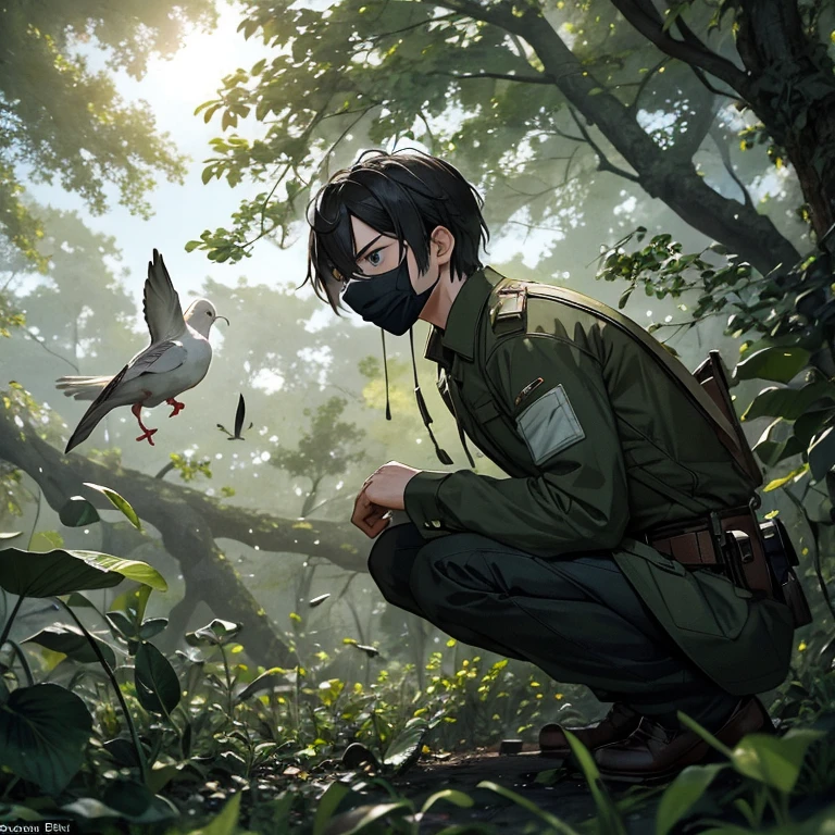 The Dove and The Ant: A Hunter's Encounter in the Forest

The hunter, with a determined gaze and muscles taut from hours of pursuit, took aim at the ant scurrying across the forest floor. Dressed in camouflage gear, his face was hidden behind a protective mask, leaving only his piercing blue eyes visible. Around him, the forest was alive with the sounds of chirping birds and rustling leaves.

Suddenly, a soft cooing sound interrupted the silence. The hunter frowned, looking up to see a dove perched on a nearby tree branch, its wings spread wide in the gentle breeze. Its feathers shimmered in the sunlight filtering