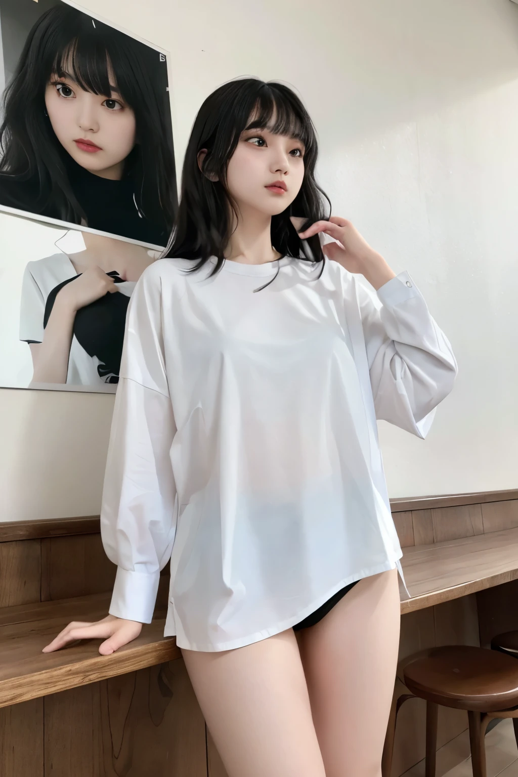Masterpiece、highest quality、Woman 1、Super detailed、A woman looking up from directly below　Black Hair、Long Hair、Blunt Bangs　over size white shirt、Long shirt　shirt lift、Swimsuit under shirt　Soft thighs