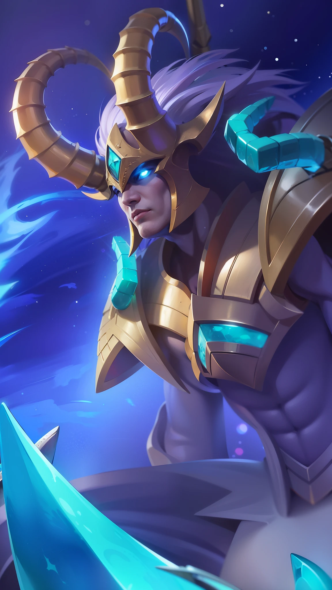 a guy with a sword and a helmet, Masterpiece, ultra HD, detailed all picture, a close up of a devil, dyrroth from mobile legend, evil, extremely detailed artgerm, mobile legends character, inspired by Dyrroth, Six pack chest and abs, black jewel above the chest, light blue eyes, angry.
