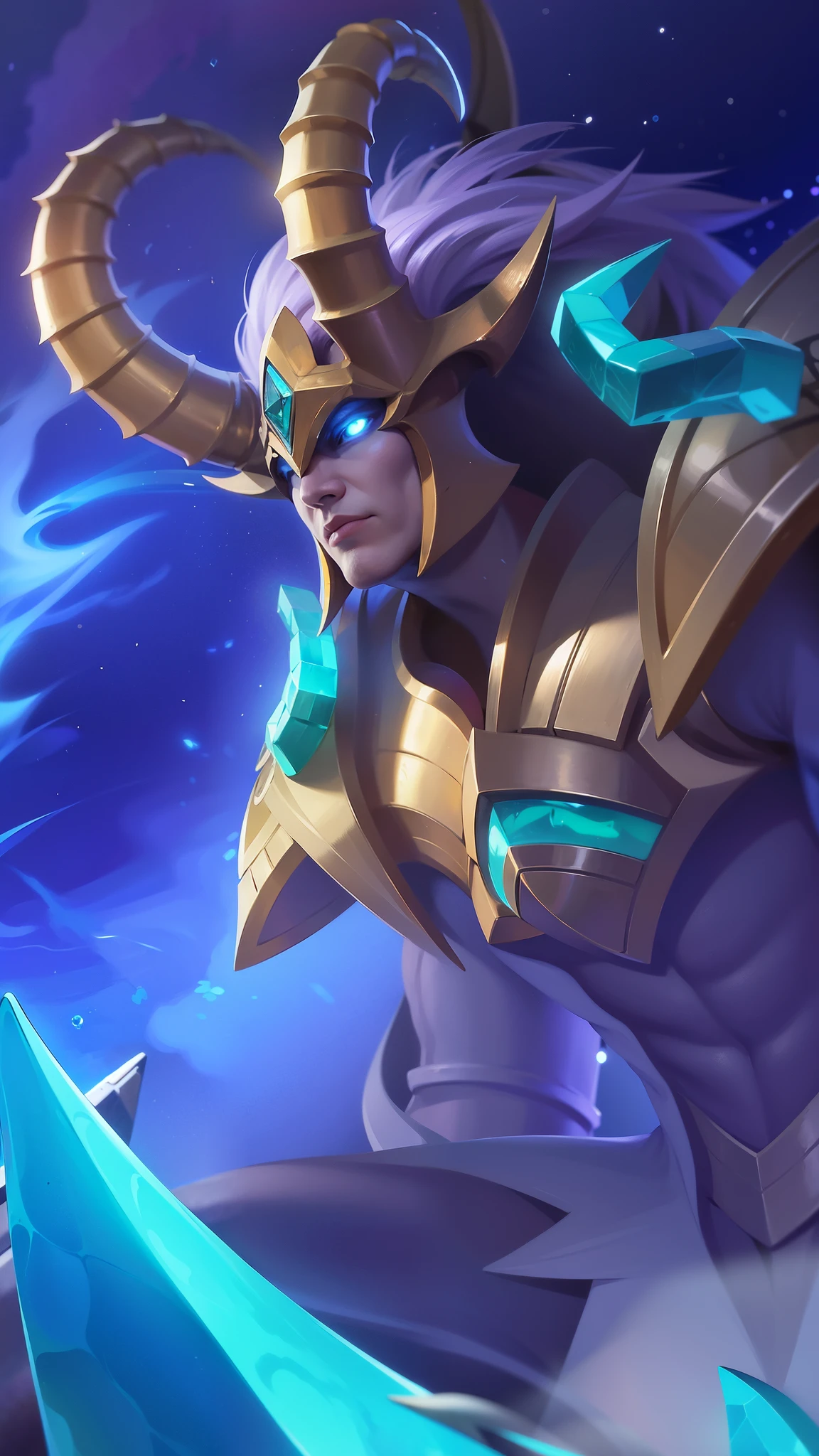 a guy with a sword and a helmet, Masterpiece, ultra HD, detailed all picture, a close up of a devil, dyrroth from mobile legend, evil, extremely detailed artgerm, mobile legends character, inspired by Dyrroth, Six pack chest and abs, black jewel above the chest, light blue eyes, angry.
