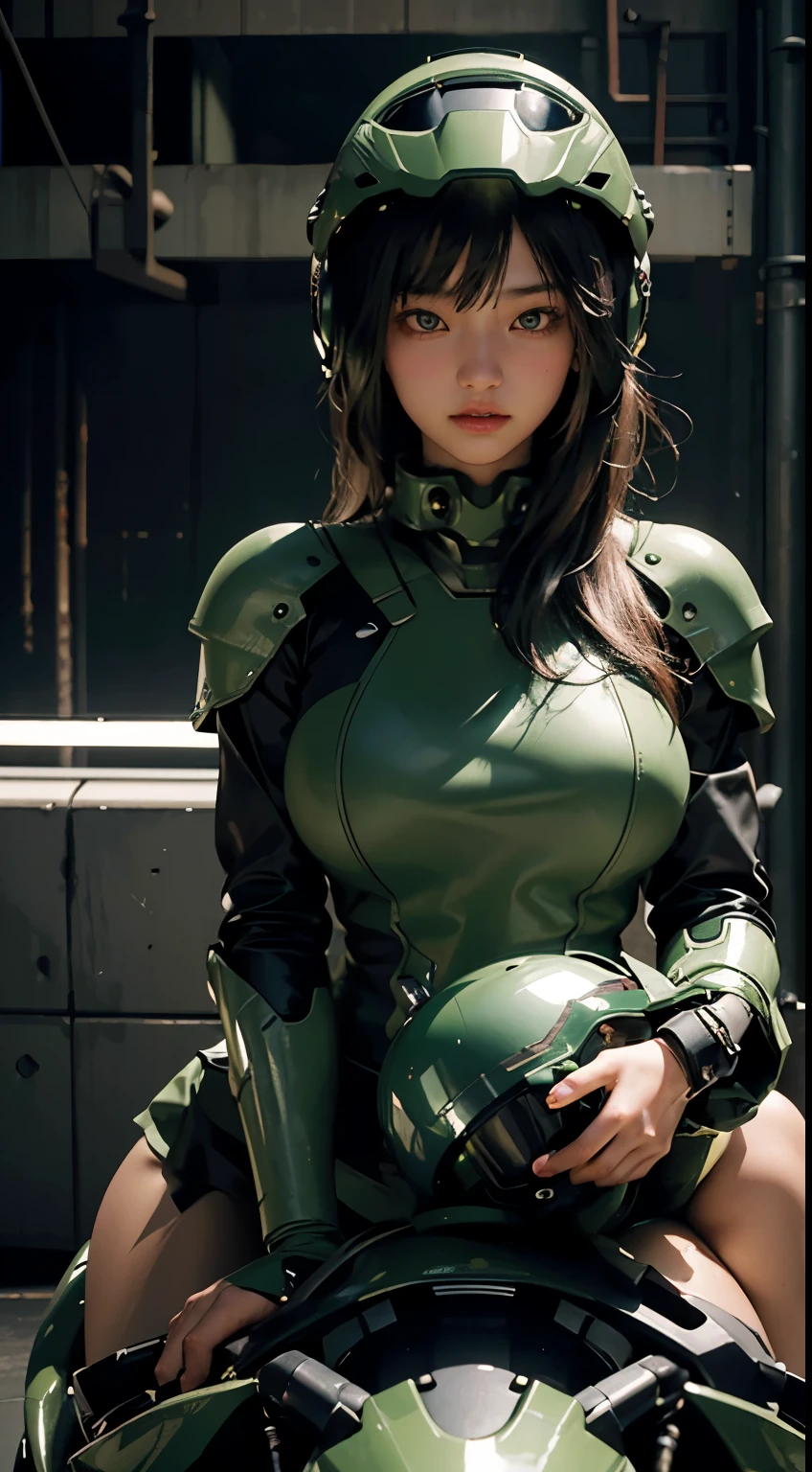 Highest image quality, outstanding details, ultra-high resolution, (realism: 1.4), the best illustration, favor details, highly condensed 1girl, with a delicate and beautiful face, dressed in a black and green mecha, wearing a mecha helmet, holding a directional controller, riding on a motorcycle, the background is a high-tech lighting scene of the future city.