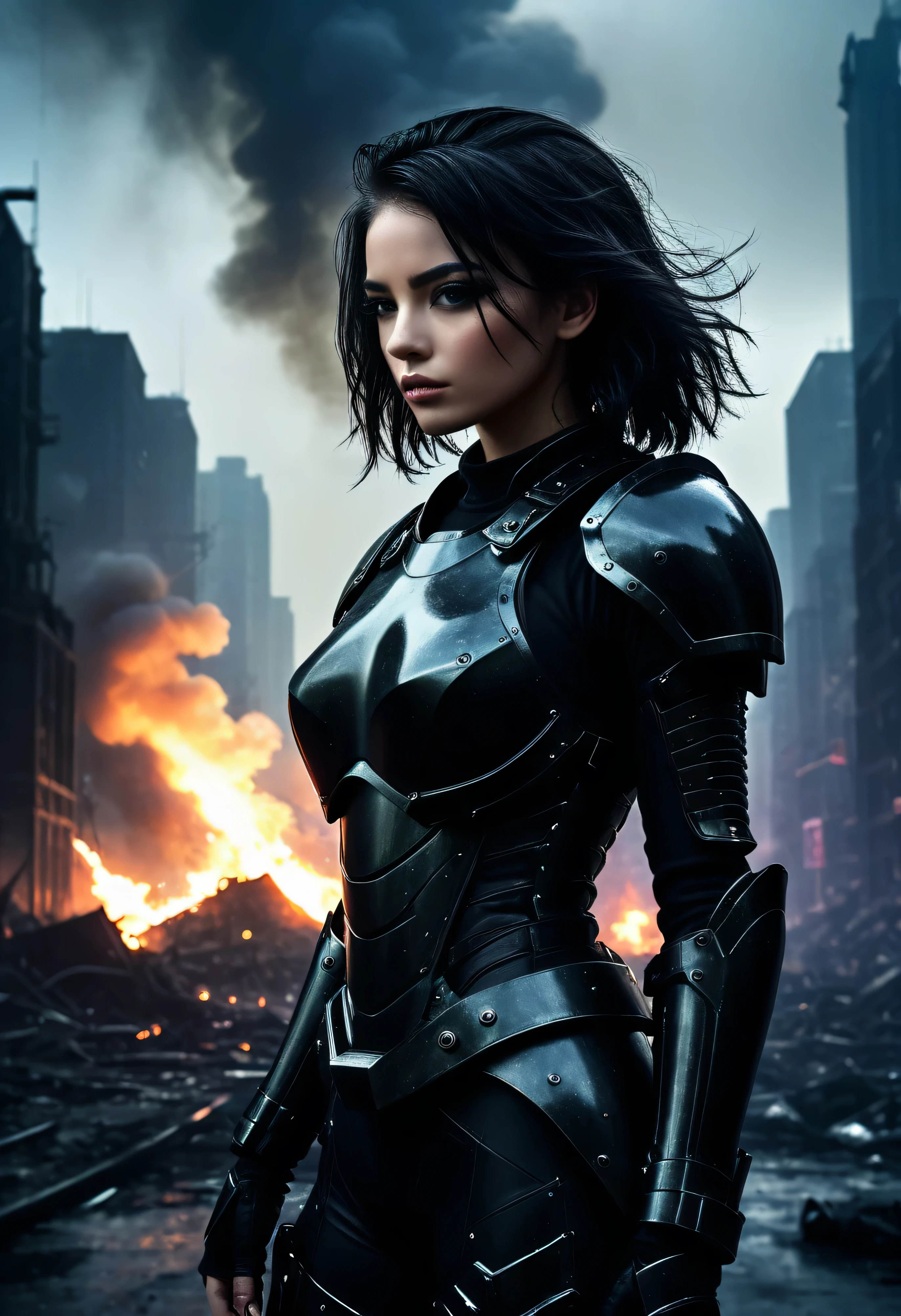 (((A very Beautiful cybrog girl wearing Pitch black Full armor))), in Dark Cyber punk theme, ((stand alone in the Dark City)), (((Sky burn in background))), (Chaos scenes in the big city), Collapse and civil war, destruction, (((The backdrop of depressing sadness))), Dull tone, Professional lighting, (((Sci-fi movies,Hollywood movies, Professional staging, Realistic images are very high., Hyperrealistic))), fantasy picture, Realistic,studio lighting, flare from the sky,The air was gloomy and smoky.