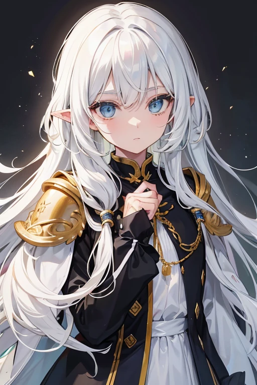Um elfo homen de cabelo brancos grande e olhos verdes como esmeralda, usando uma camisa listrada em preto e branco, junto com uma jaqueta branca com um cinto preto. As mangas de sua jaqueta terminam com grandes punhos dourados. the jacket has gold trims on the edges. Por cima da jaqueta, ele usa uma capa curta que combina com o tema branco e dourado de sua jaqueta