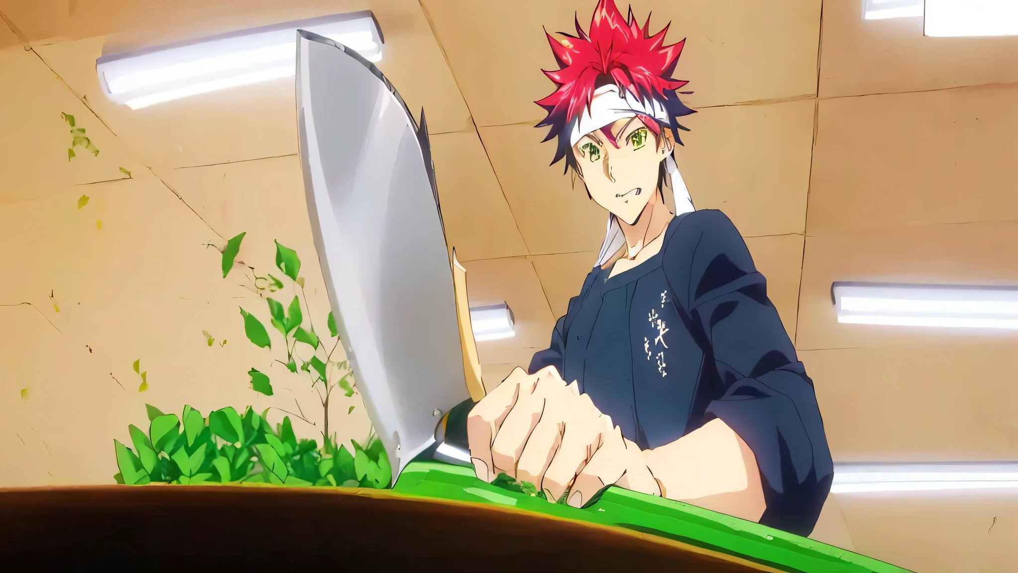 anime image of a man cutting a green plant with a knife, tanjiro kamado, anime food, sankakucomplex anime image, today's featured anime still, shuushuu anime image, anime screenshot, slice of life anime, ichigo kurosaki, anime still image, still from tv anime, anime screencap, anime still frame