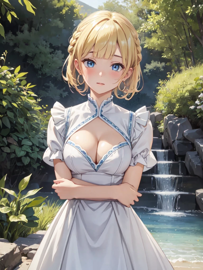 masterpiece, best quality, ultra detailed, highres, extremely detailed CG unity 8k wallpaper, perfect lighting, very detailed background, Outdoor、beautiful and aesthetic,sharp focus, perfect face, Perfect hands、Perfect Fingers、Perfect toes、Five fingers、
Glossy blonde、blue eyes、White clothes, look down、Upper Body、Fair skin、Short Bob、Completely wet、French Braid、Blushing、Blunt bangs、Hoop Earrings、Gradient Hair、The left sideburn is longer than the right、(Hide your arms behind your body:1.2)、cleavage,cleavage cutout