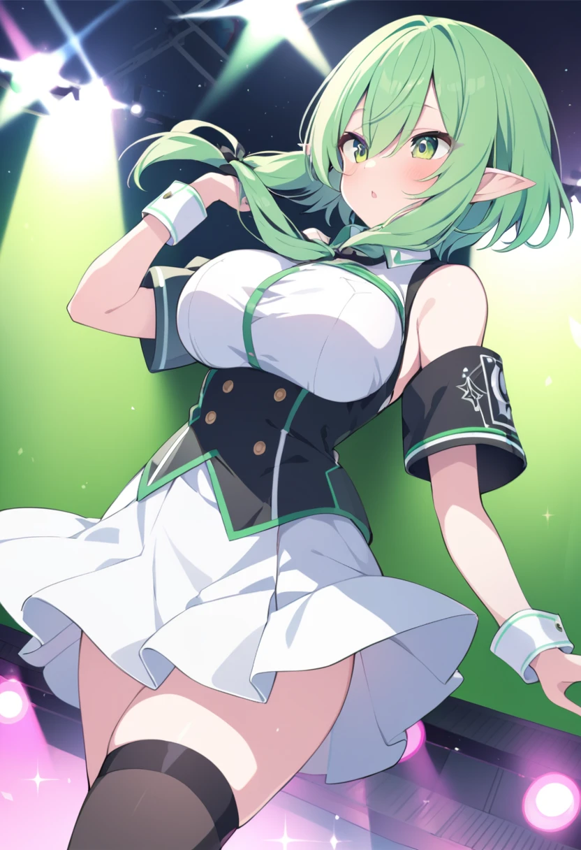 pointy ears, green hair, green eyes, short hair, short hair with long locks, Live Stage, Big Breasts, uniform　alone