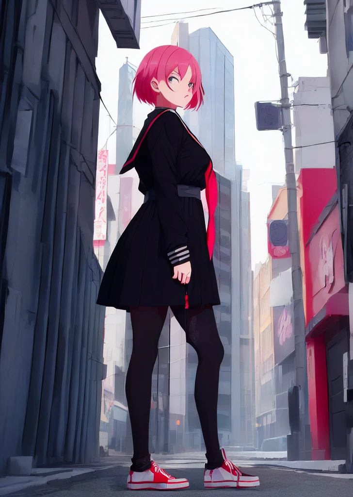 (perfect composition),anime character Sukeban delinquent girl standing on a city street corner in black seifuku with black very long skirt, anime style. 8k, anime style mixed with fujifilm, retro anime girl, anime styled digital art, in tokyo, anime style illustration, anime style 4 k, anime style artwork, anime poster film still portrait, tokyo anime scene, modern anime style, anime style digital art, short hair, 26year old, red converse,