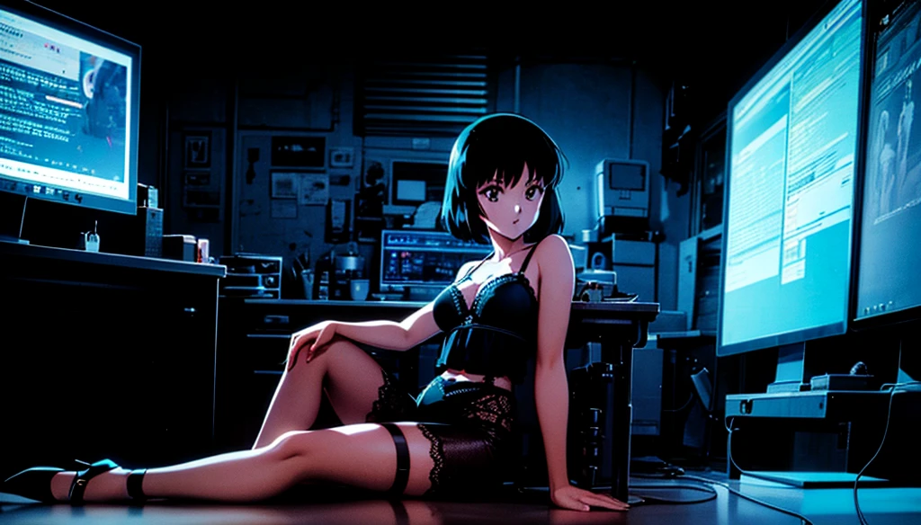 (perfect composition), (high resolution, masterpiece, ultra best quality, insanely amazing hyper fine extremely detailed, official:1.4)( full body, 80's horny milf hacker anime girl in lingerie sitting at a desk with a vintage computer, seductive hacker anime girl in lingerie, retro cyberpunk anime, 80's cyberpunk anime girl in lingerie, digital cyberpunk anime!!, best anime 4k konachan wallpaper, (anime girl with green teal short hair), 90's anime style in 4 k, mega man legend art ,black latex lingerie, black lace lingerie, 80's, multiple old computer , inspired by serial experiments lain room, high degree electronic laboratory, lots of old computer hardware, surrounded by old computer screen, a lots of cable wires, octane rendering, colorful contrast, unadorned, dark computer room, night, betterHands