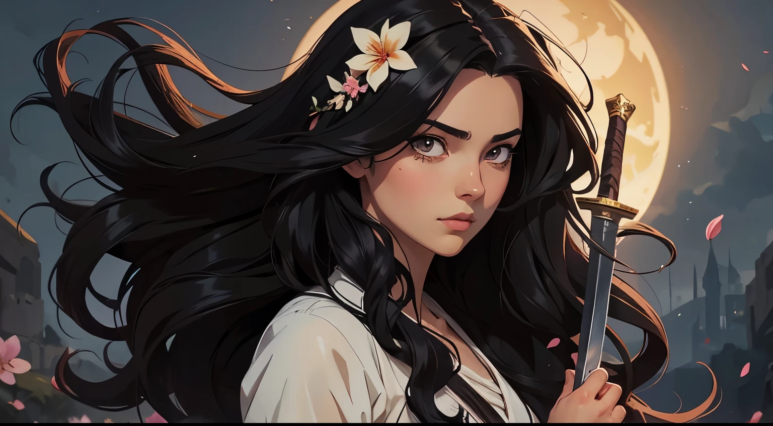 anime girl with dark wavy long hair, holding a flower and a sword, (masterpiece:1.2), (top quality:1.1), (best quality:1.1), official art, beautiful and aesthetic:1.2), (1girl:1.3), black hair, extremely detailed eyes and face