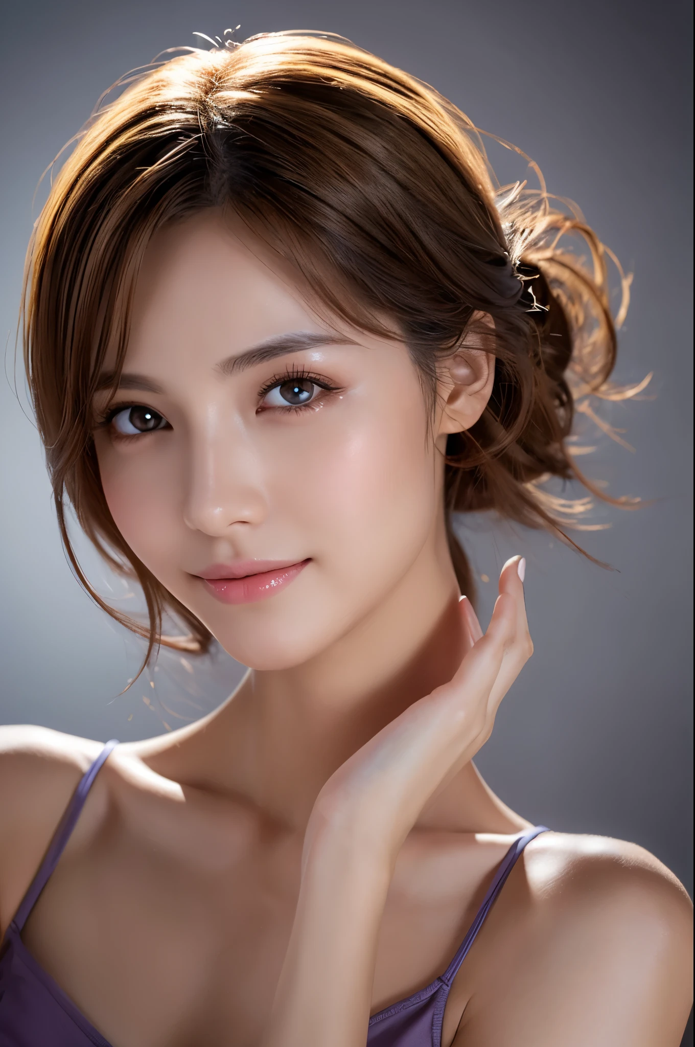 8K,Brown short hair,Smiling high school girl,Super Beauty(Like the real thing),Fluffy costume,masterpiece,Flexible physical ability,Put your chest close,Perfect Anatomy,charm,Volume measurement,Body balance,super Realistic 肌,Digital single-lens reflex camera, Soft lighting, Detailed Background, Written boundary depth, Volumetric lighting, Sharp focus, Absurd, Realistic proportions, Excellent anatomy, (Realistic, 超Realistic:1.4), 16K HDR, dawn,A High Resolution,super Realistic 肌,Super beautiful expression,Fantasy art,Character Art,Wind effects:1.9、Cloud Effect:1.2、Full Rendering、Professional quality high resolution、Perfect contrast、Perfect lighting、Perfect composition、Perfect Skin、Perfect Fingers、Perfect breasts、Perfect Hair、Perfect Face、Realistic facial features,super highest quality,Slim figure,Perfect body line,Perfect hand shape,Anatomical body balance,Highly detailed face,Highly detailed eyes,Beautiful Lips,Excellent light particles,Cinema Lighting,Makeup,Ultra-high resolution,Ultra-Realistic Skin,Makeup,