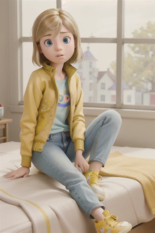 Riley wearing jeans sneakers yellow jacket sitting on the edge of the bed colorful luxurious bedroom bright morning sunlight shining from window (Clutter-Home:0.8) (masterpiece:1.2) (photorealistic:1.2) (bokeh) (best quality) (detailed skin:1.3) (intricate details) (8k) (HDR) (analog film) (canon d5) (cinematic lighting) (sharp focus), 