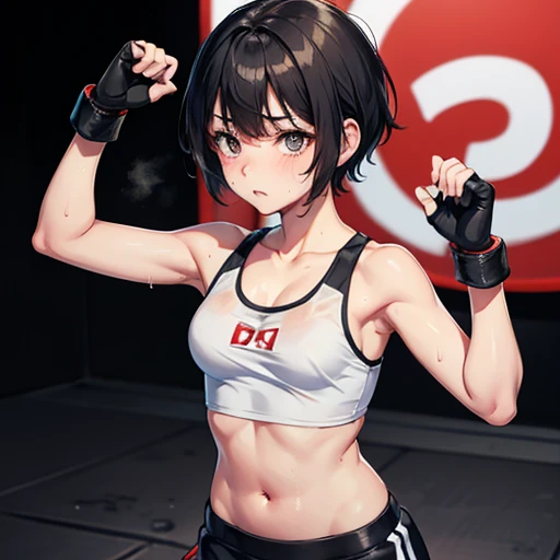 Cute Japanese high school girl with short cut, dark hair, drenched in sweat. She is training hard at a mixed martial arts gym. Tank top, spats, open finger gloves. Small breasts, poor belly, slender body, poor body.