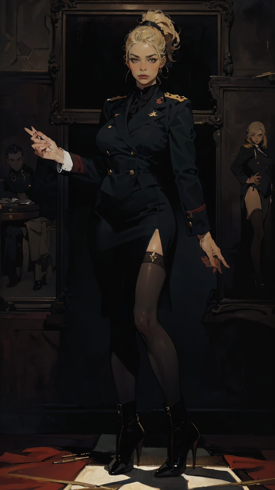 (Best quality, 4K, high resolution, masterpiece, ultra-detailed, realistic anatomy, photo-realistic:1.37), araffe attractive young woman, senior military officer, (wearing Prussian Hussar uniform), (light gray double breasted blazer jacket), (black pencil skirt), Prussian Deaths Head cap, black stocking, heel boots, blonde hair, high ponytail hair style, standing confidently, This full-body portrait captures her strength and authority, with sharp focus on her uniform's details and her commanding gaze, The image evokes an aura of discipline and respect, set against a military backdrop,