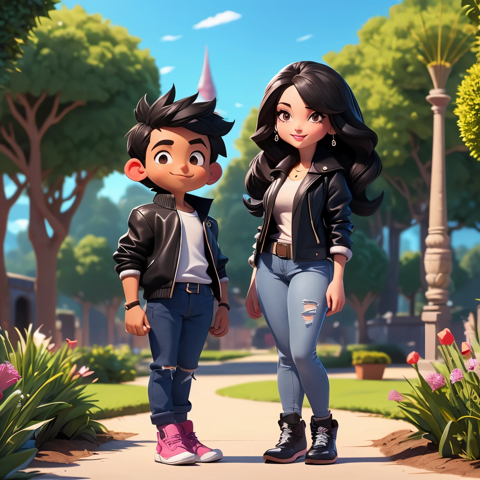 Happy couple in a park, he is 30 years old, tall, black hair with a beard, dark skin, tall, 1.80 with a massive body, brown eyes, defined pink lips, with a gray t-shirt and black leather jacket, black jeans and gray tennis shoes, she is a 30-year-old woman, straight black hair, white skin, and is 1.54 de ojos cafes semi rasgados , very sexy red lips athletic body on her left ear she has 5 piercings she wears a black long sleeve shirt black jeans a brown vest and brown high heeled boots very elegant place the name on the boy Edgar and on the girl solei