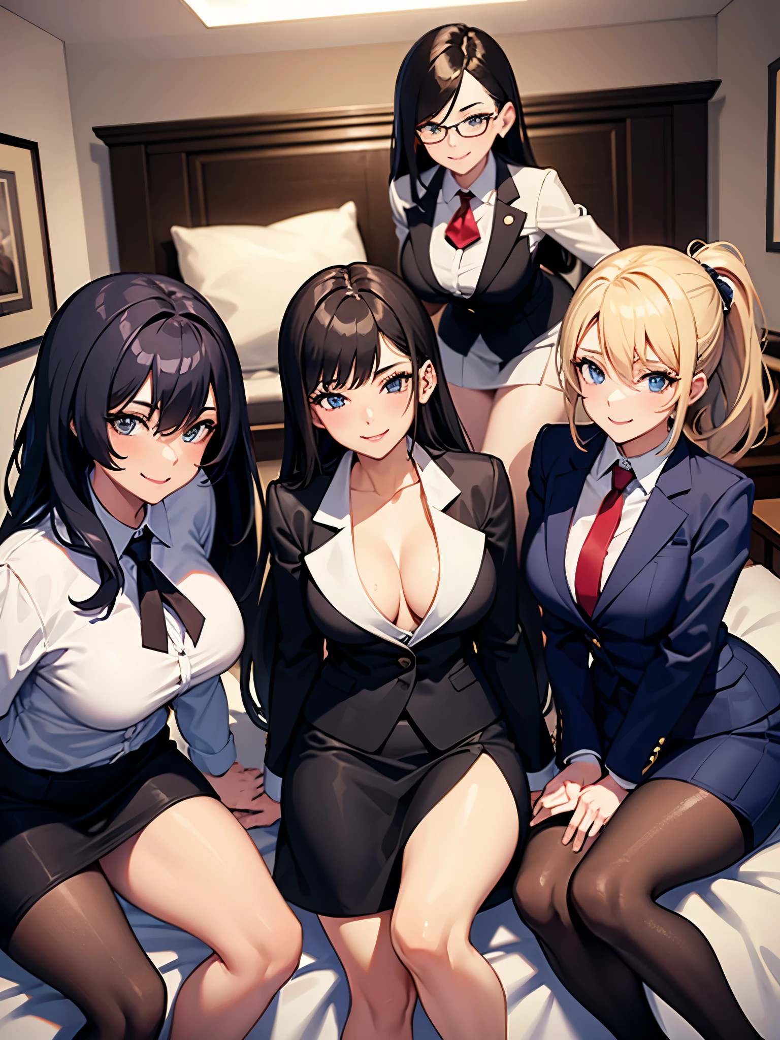 four sexy women in office lady outfits, flirtatious smiles, on bed, various hair, portrait
