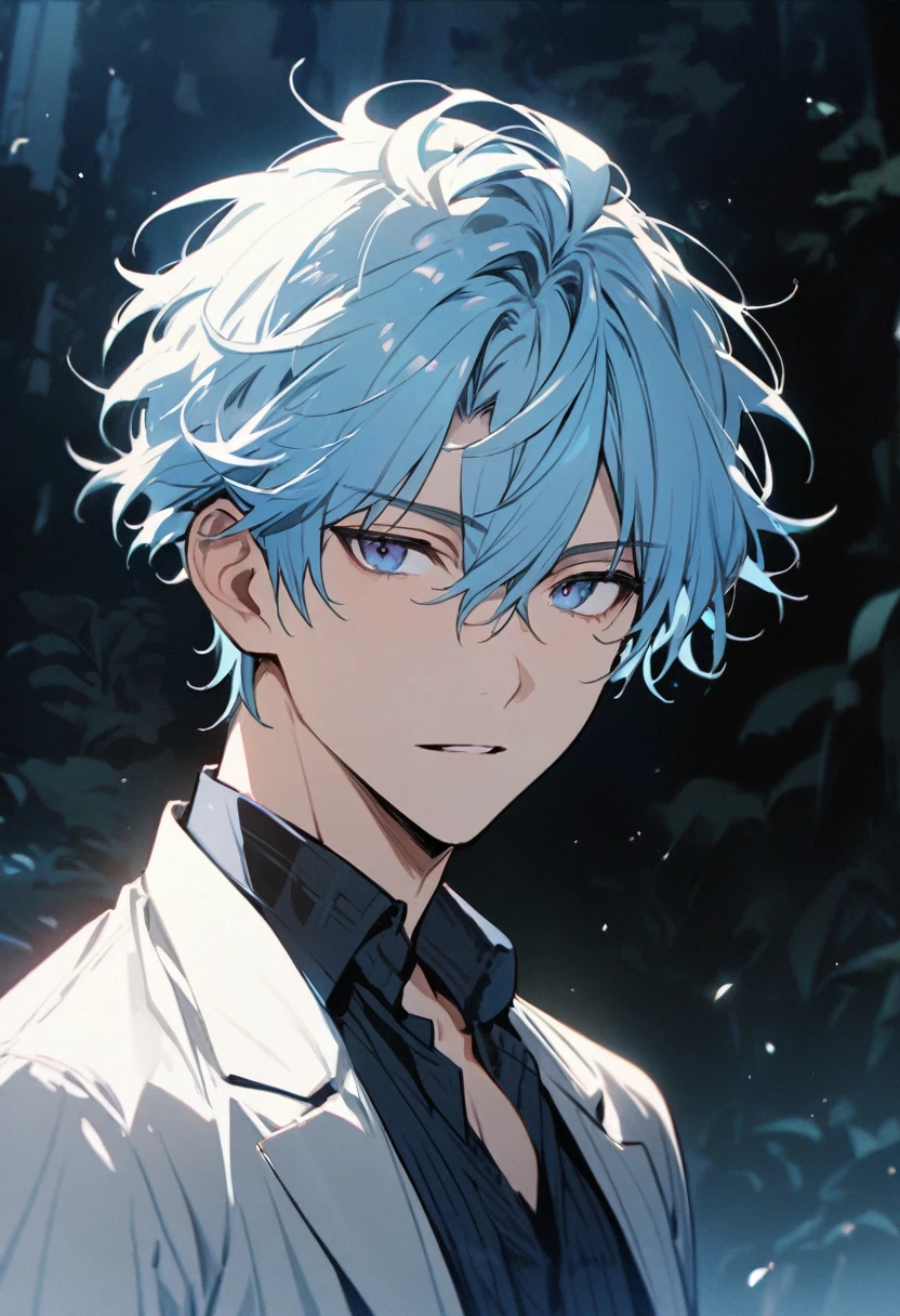 Handsome, solo, 1 male, light blue hair, dark blue eyes, 1 man