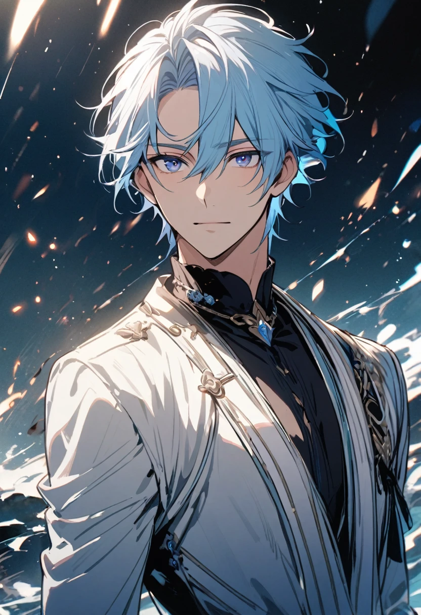 Handsome, solo, 1 male, light blue hair, dark blue eyes, 1 man