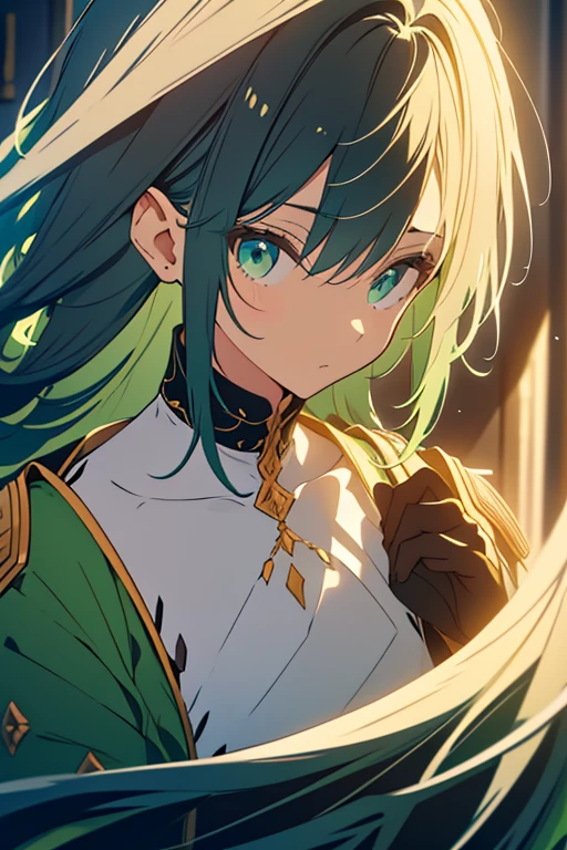 Um elfo homen de cabelo brancos grande e olhos verdes como esmeralda, usando uma camisa listrada em preto e branco, junto com uma jaqueta branca com um cinto preto. As mangas de sua jaqueta terminam com grandes punhos dourados. the jacket has gold trims on the edges. Por cima da jaqueta, ele usa uma capa curta que combina com o tema branco e dourado de sua jaqueta