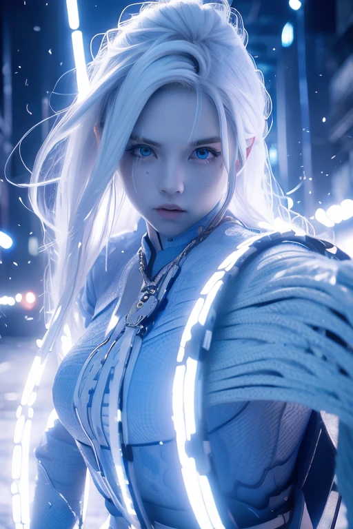 (ultra resolution), very long hair, random hair style, white hair color, dodger blue eyes color, huge breast, ultra detailed eyes, ultra detail face, ultra detailed skin, cyber punl samurai suit, wearing necklace, eyesight on viewer, passionate eye contact, show body and legs