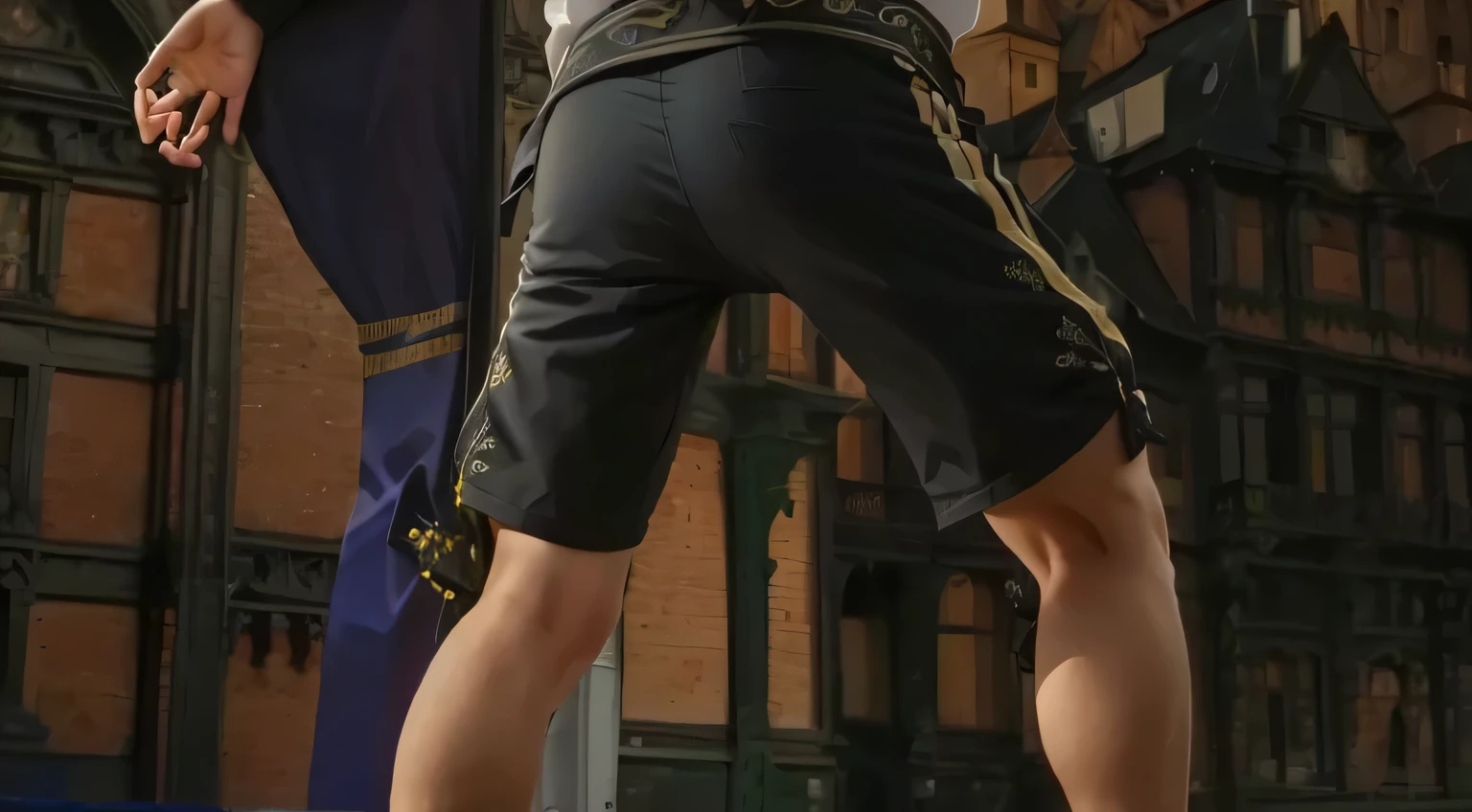 Da ist ein Mann, skateboarding on a ramp, Oberschenkel Nahaufnahme, Detailaufnahme Beine hoch, Full body closeup, Nahaufnahme im Stil einer schweren Geste, detaillierte Beine, HD-Screenshot, Oberschenkel Fokus, Nahaufnahme auf Beinen, detaillierte Beine looming over you, unterer Schuss, extrem hohe Details, Handel auf pxiv, firm buttocks