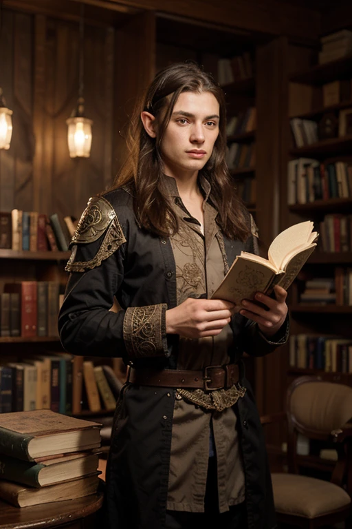 Half-elf young male ice mage classless evocation height 1.80, fornido y estudioso, with books and grimoires serious look but with deep wisdom and an aura of power