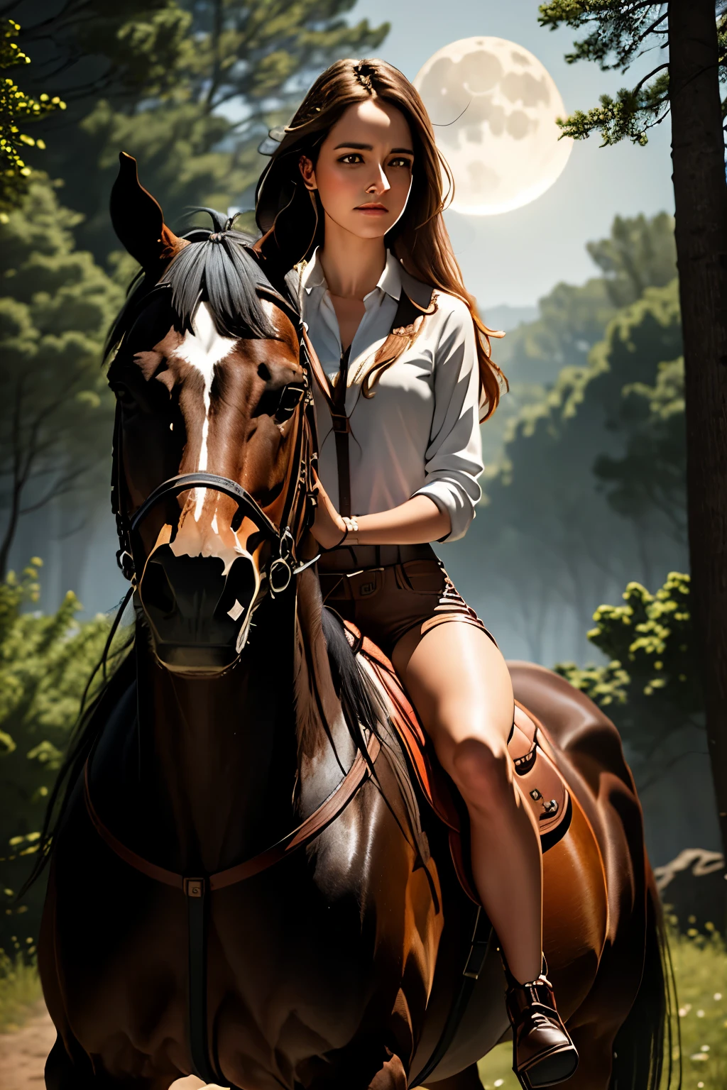 girl rides horse (best quality,highres:1.2),ultra-detailed,realistic,moonlight,lit ,dense mist,dreadfully beautiful,twisted trees,