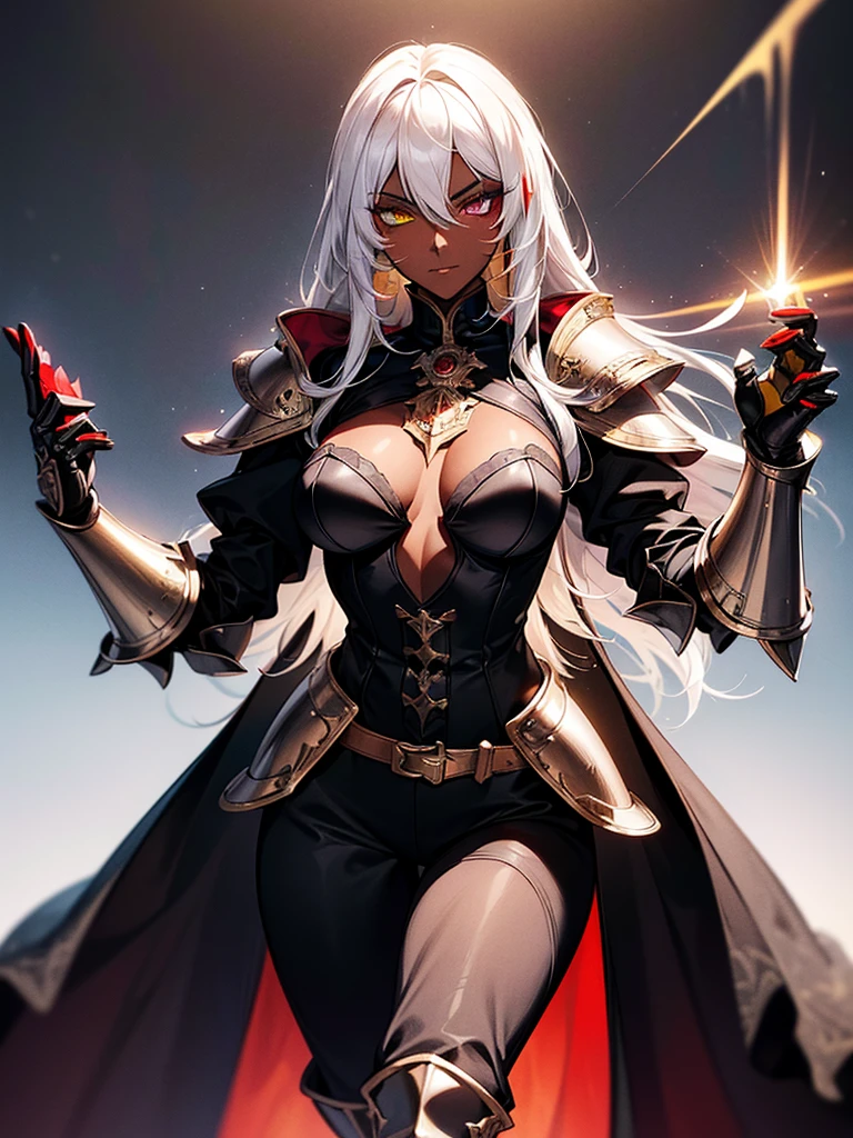 (masterpiece, best quality), (Official art, masterpiece, 8k, ultra-detailed), ultra-detailed, photo of a beautiful 32 year old woman, ((dark skin)), white hair, wearing round glasses on her face, eyes red and yellow, wearing a tight black jumpsuit, with light armor, large, ultra-detailed breasts, (ultra-detailed face), (1 dark-skinned woman), long white hair, ((((Heterochromia in eyes, detailed red and yellow eyes)))), (very detailed eyes: 1,2), (((detailed red and yellow eyes))), heterochromia of red and yellow eyes very well presented, (wearing round glasses on the face very detailed: 1,2), well designed glasses, ((gauntlets and high heel boots)), witch items, belts, (ideal body proportion), ((black jumpsuit with light armor)), ultra detailed character, wallpaper, pinterest, Fantasy Art, (Fantasy art), fantasy scene, (medieval magic village), wallpaper, pinterest, front photo, exterior, cinematic photo, natural light, beach photo, wallpaper, pinterest, badass image, perfect photo, volumetric lighting