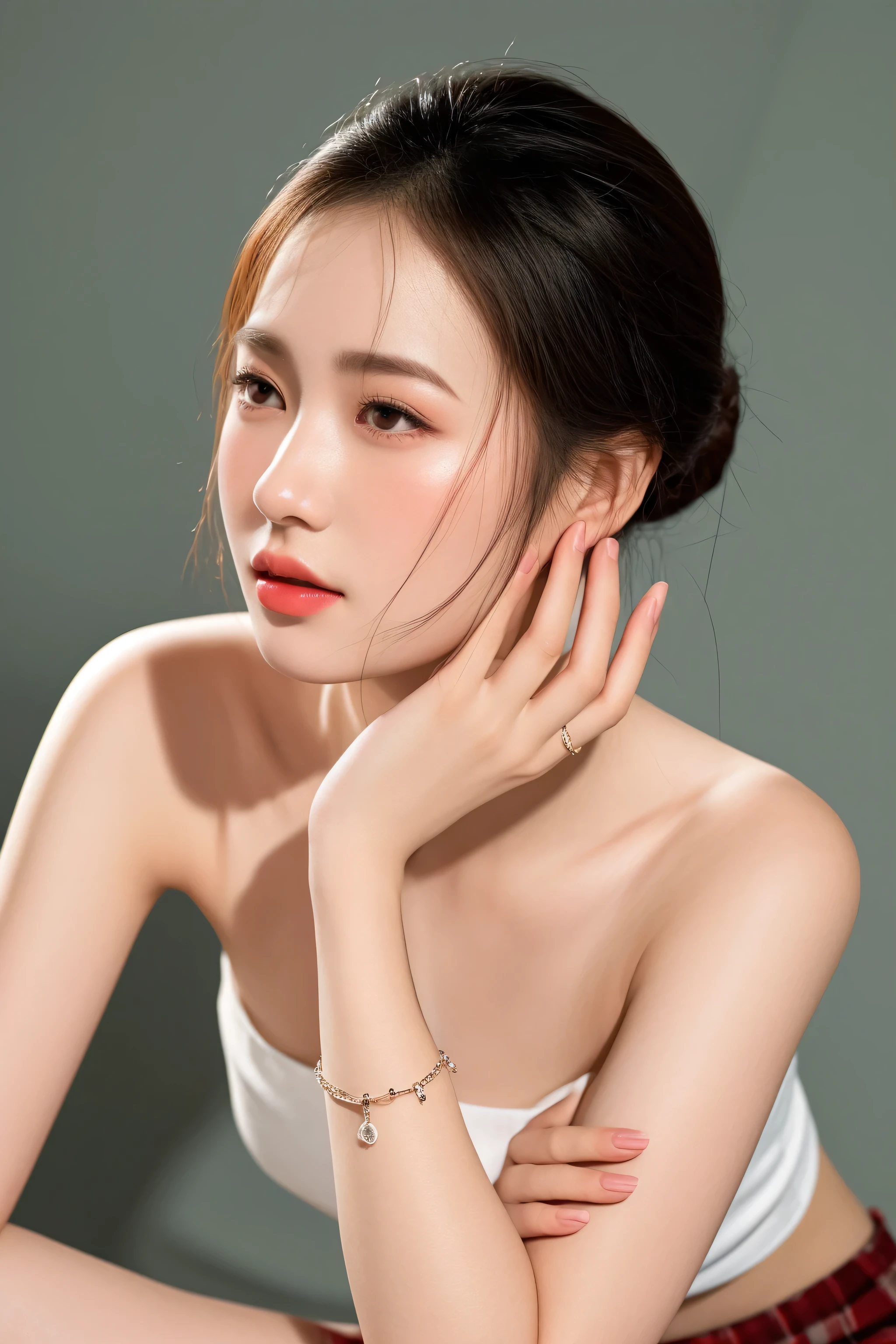 araffed asian woman in a white top and red plaid skirt, a young asian woman, young beautiful woman, beautiful young asian woman, woman with porcelain skin, gorgeous chinese model, young asian woman, beautiful young korean woman, young cute wan asian face, gorgeous young korean woman, young asian girl, soft portrait shot 8 k, an asian woman