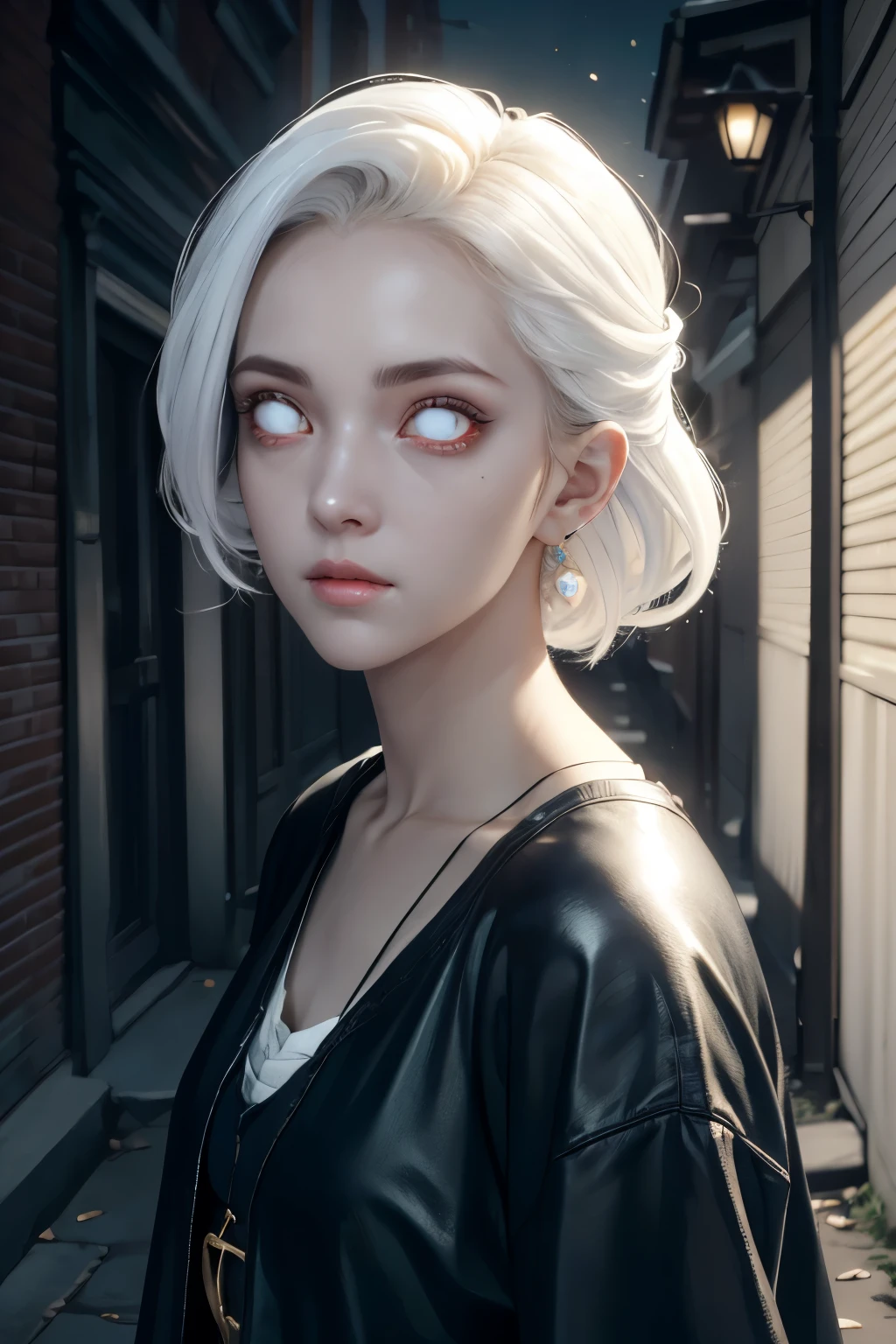 ((The is a cinematic image featuring hi-res details and interesting lighting.)) Generate a female zombie with (((opaque))) white eyes with iridescence. ((Her face is important and well-formed, with puffy lips and attractive features.)) Her eyes are pure white. She is standing in an alley. hires, ultra detailed, cosmic, phantasmal iridescence, whiteeyes, (((lora:whiteeyes_11-04:1)))