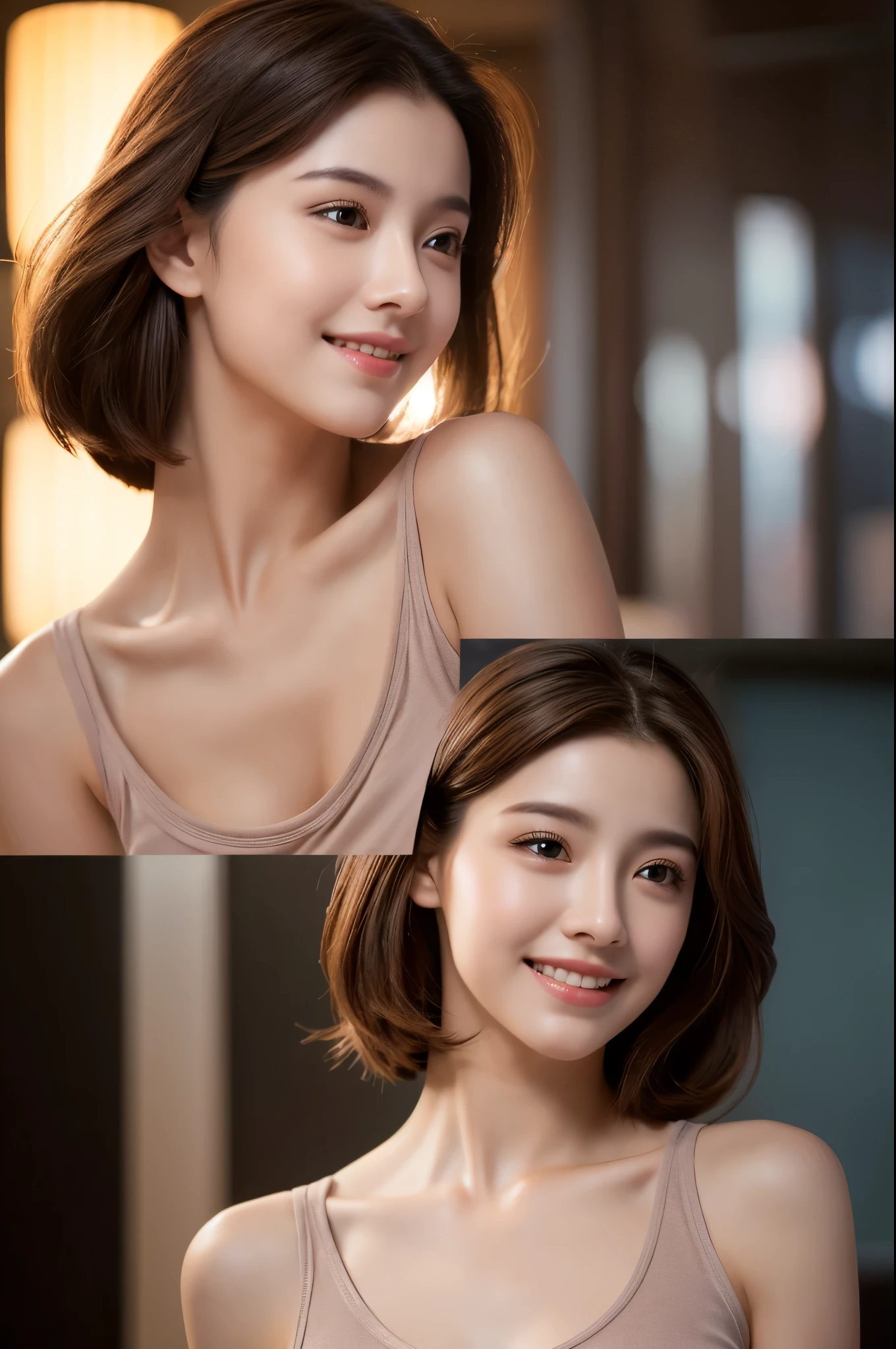 8K,,Brown short hair,Smiling female high school student,Super Beauty(Like the real thing),Tank top outfit,masterpiece,Flexible physical ability,Put your chest close,Perfect Anatomy,charm,Volume measurement,Body balance,Digital single-lens reflex camera, Soft lighting, Detailed Background, Written boundary depth, Volumetric lighting, Sharp focus, Absurd, Realistic proportions, Excellent anatomy, (Realistic, 超Realistic:1.4), 16K HDR, dawn,A High Resolution,super Realistic 肌,Super beautiful expression,Fantasy art,Character Art,Wind effects:1.9、Cloud Effect:1.2、Full Rendering、Professional quality high resolution、Perfect contrast、Perfect lighting、Perfect composition、Perfect Skin、Perfect Fingers、Perfect breasts、Perfect Hair、Perfect Face、Realistic facial features,super highest quality,Slim figure,Perfect body line,Perfect hand shape,Anatomical body balance,Highly detailed face,Highly detailed eyes,Beautiful Lips,Excellent light particles,Cinema Lighting,Makeup,Ultra-high resolution,Ultra-Realistic Skin,Makeup,