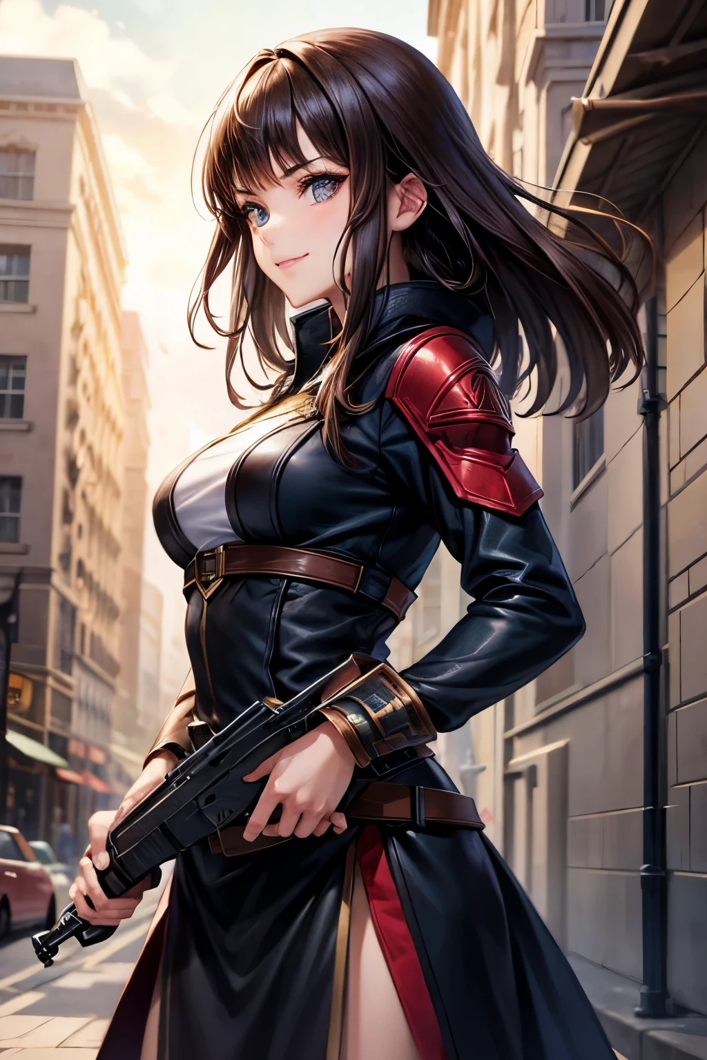 brunette assassin girl cute face looks happy