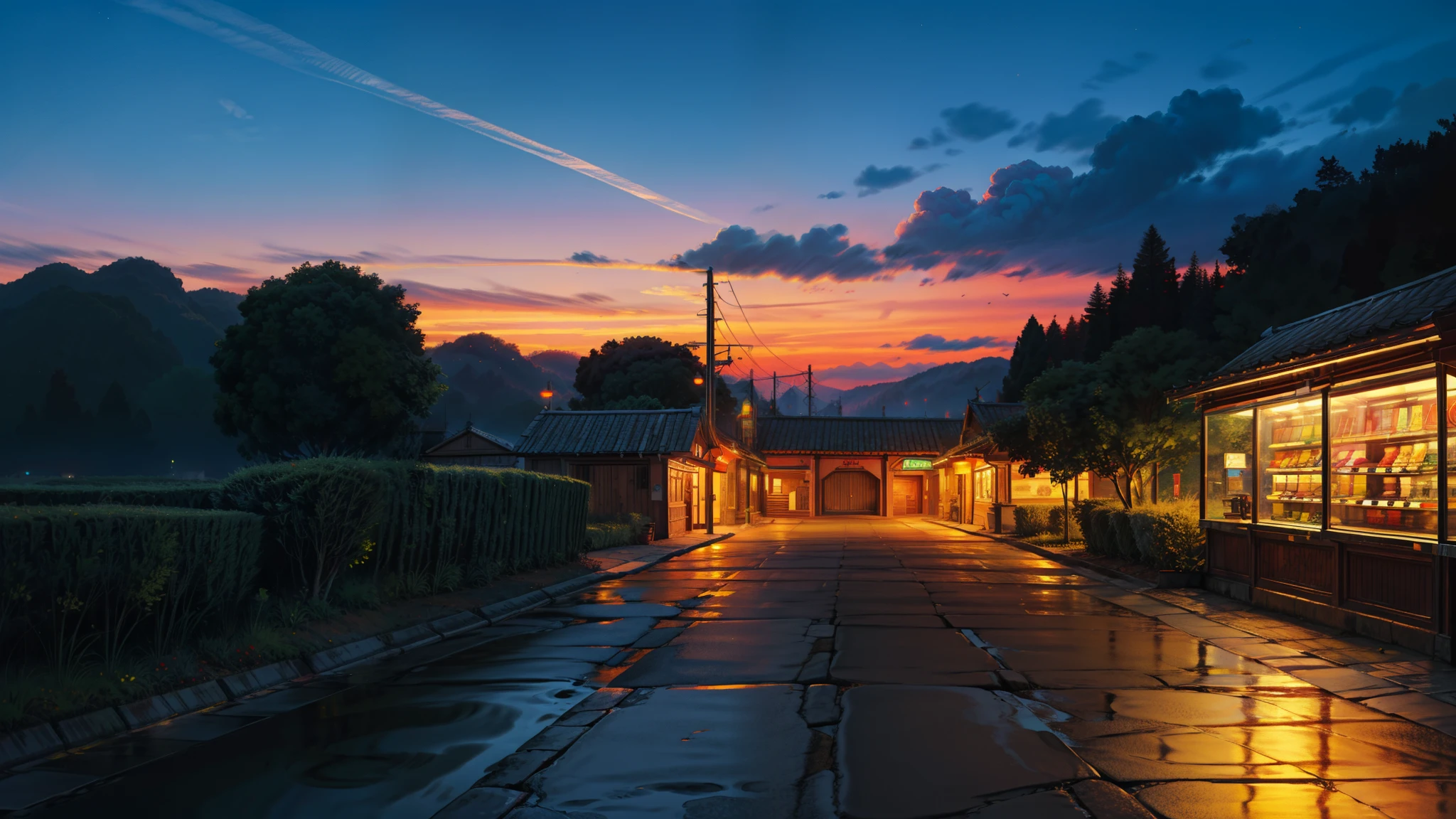 mais alta qualidade,A obra-prima perfeita,Arte perfeita,Obras Oficiais,8k,, melhor qualidade, (obra de arte:1.2), illustration, absurdos, I adore the reddish hue of the afternoon sky, especially as the road lamps flicker to life and the vending machines illuminate. It's a magical moment, watching the world transition from day to night. These simple scenes bring me a sense of joy and tranquility. They remind me to pause and appreciate the beauty that surrounds me every day.