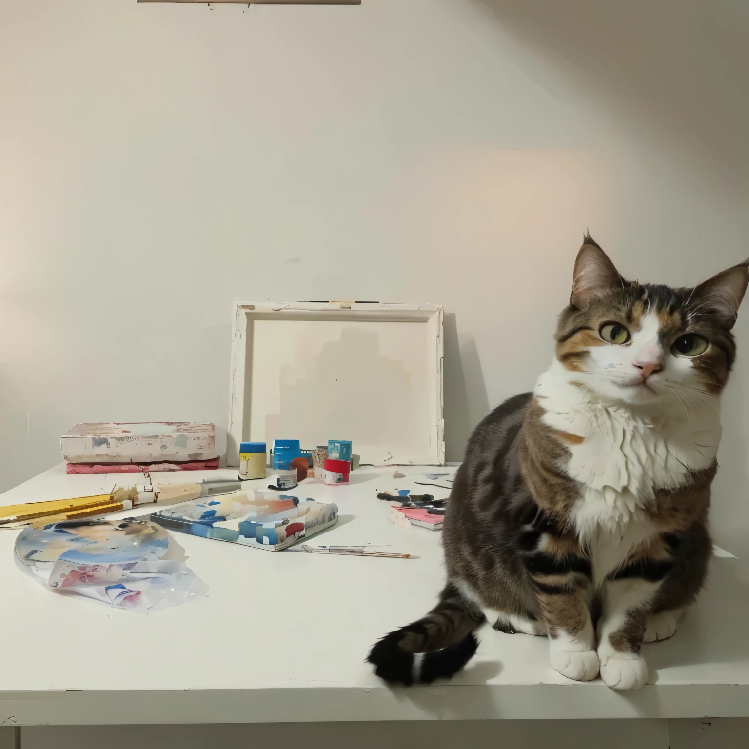 there is a cat sitting on a table with many craft materials, oleo pintura, pintura of a cat, oil pintura of cat, pintura, pintura, Obra-prima do gato, in a pintura of a cat, he is an artist, oill pintura, an artistic pose, gato na mesa na frente dela, Oil & Canvas, artista peludo, cat portrait pintura