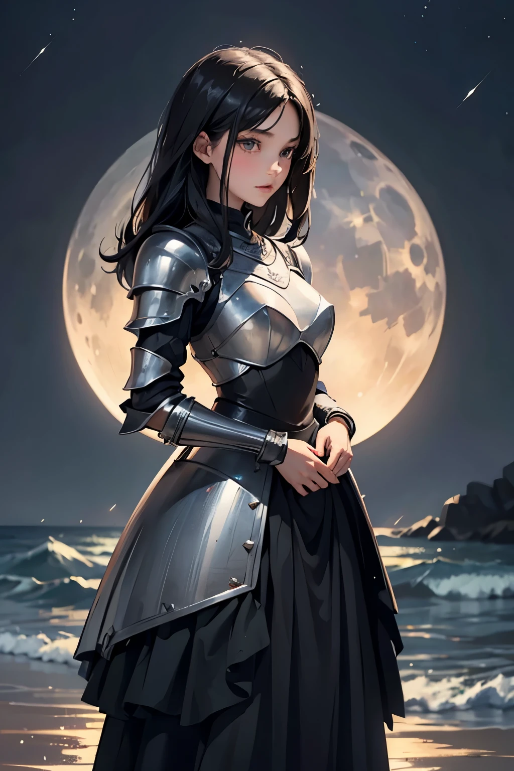 A beautiful woman who is pretty and kind. Black hair. Sixteen-year-old. She stands in the moonlight wearing black armor.