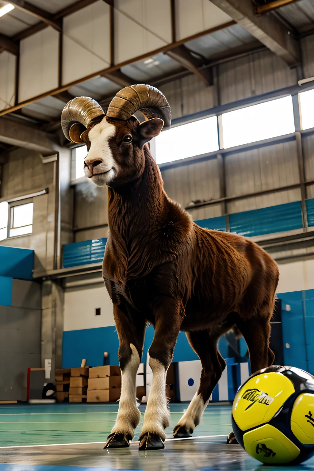 A ram animal that is smoking and playing futsal