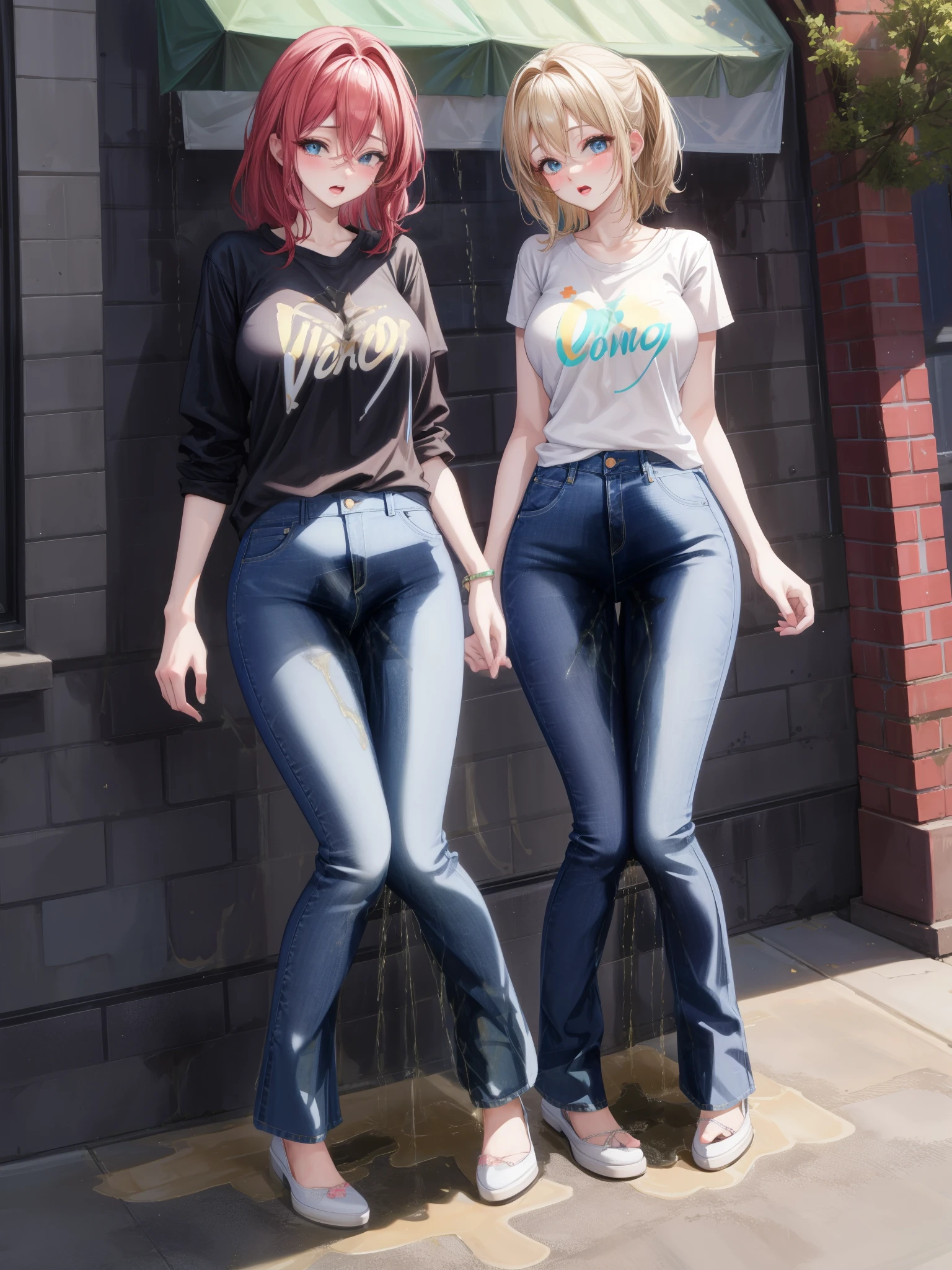 best quality, highres, 8k, masterpiece, immersive atmosphere, chiaroscuro:(1.5, bright light:1.2, luminous lighting), blurring, (background blur:1.5),
(dynamic angle, standing pose:1.2), outdoors, downtown, (legs focus, full body:1.5), delicate features, (beautiful face, beautiful eyes, beautiful legs), not safe for work, (opaque:1.5), high contrast, (peeing self:1.7), wetting herself, (pee stain:1.5), peeing herself, (urination:1.5),
2girls, (duo:1.4), 20 years old, european, white skin, bright lips, blush, scared, panicking, open mouth, looking at viewer, (slender figure:1.1), large breast, (hard nipples), cleavage, (jeans pants:1.2, skinny jeans:1.2, flares jeans:1.2, blue jeans:1.2), shoes:1.2, (knees together feet apart:1.4)