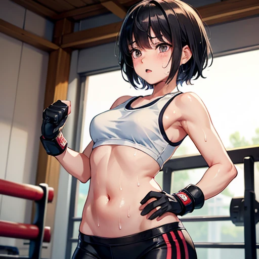 Injured Japanese female high school mixed martial artist during a match in the ring。Short black hair。Taking a fighting pose、Glaring at someone。Rin々A funny expression。Drenched in sweat。A well-trained body。Six Pack Abs。Small breasts。Erect nipples。White and pink sports bra、Bikini Shorts。Open Finger Gloves。