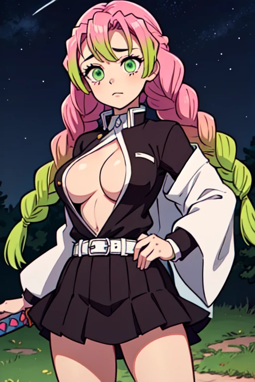 1girl, Mitsuri (demon slayer), beautiful girl, beautiful face, pink hair, green hair, gradient hair, multicolored hair, long hair, bangs, double braids, green eyes, white haori, a black skirt with a silver belt and green striped hips, demon slayer uniform, long sleeve jacket, white haori, black skirt, silver belt, green striped thighs, buxom chested, large_breasts. Holding a katana sword. Her gaze is both alluring and fierce, as she holds the sword with a delicate yet deadly grip. She's standing in a defensive position. (Background: outdoors, night time, simple background, night sky, forest)
