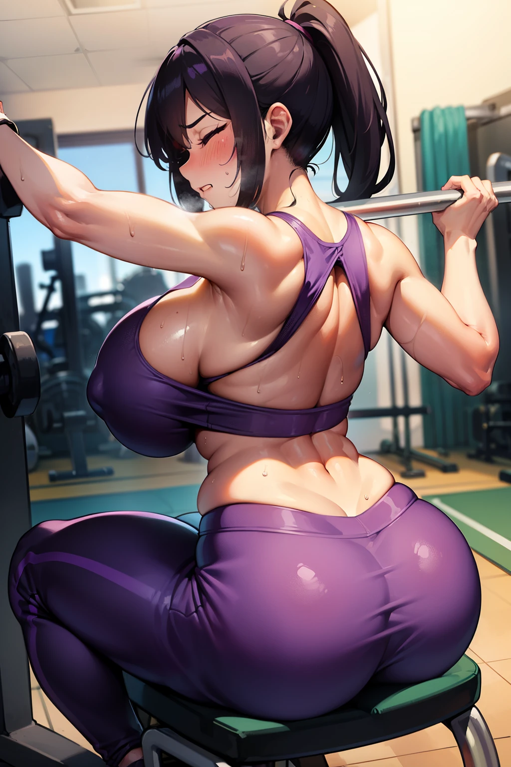 gym, workout, hot, sweating, sweaty, tan, big , tan skin, flustered, blush, purple clothes, purple top, purple yogapants yoga pants, black hair, curvy woman, y, cute,sitting on exerciseachine, closed eyes, eyes closed , exercise machines exercise machines , sitting on exercise machines , lifting, lifting weights,in pain, screaming , clenching teeth humongous breurple top, sweating, curvy woman, sfw, lifting weights, lifting, lifting weights, curvy woman, sfw, huge curves, eyes closed. Closed eyes, eyes closed, clenched teeth, clenching teeth , in pain, back view, view from back, sfw, 