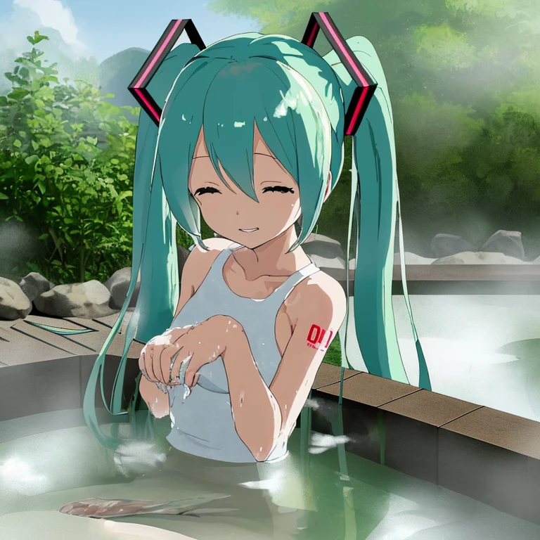 Hatsune Miku washing rice in a hot spring
