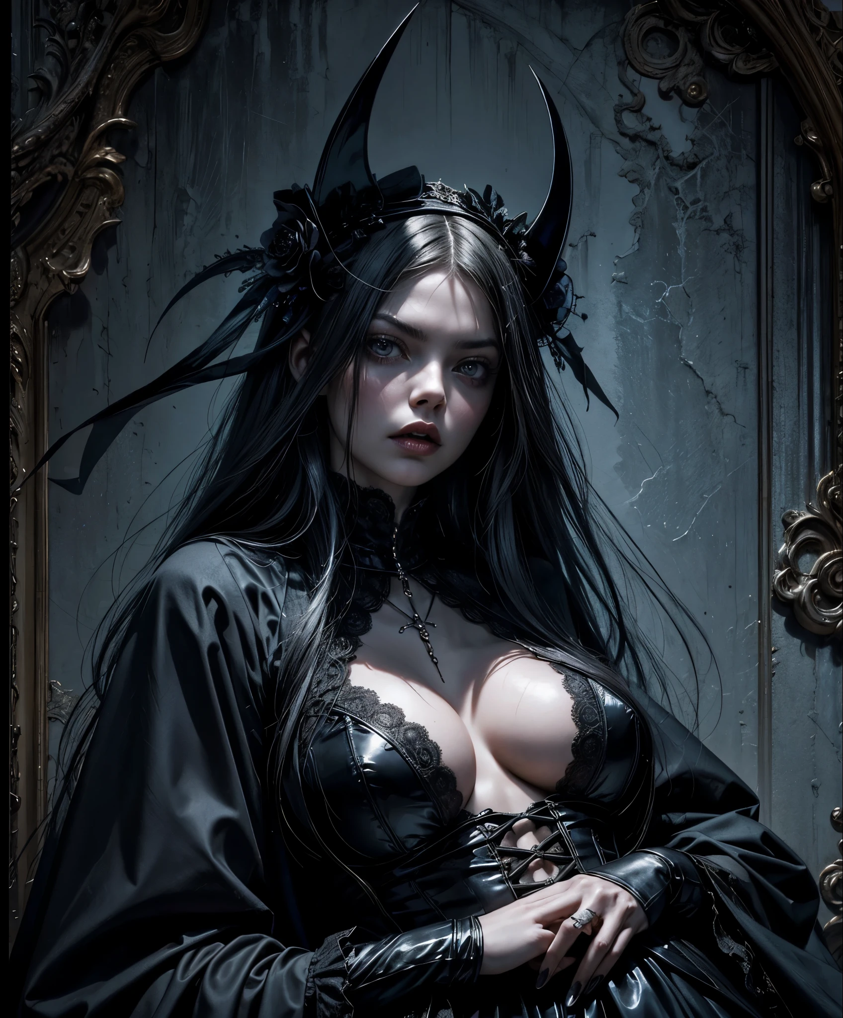 A hauntingly beautiful woman clad in latex sits in front of an awe-inspiring painting, her intense gaze locked with the viewers'. This portrait, reminiscent of the enigmatic works of renowned artist David LaChapelle, has clinched the coveted le of a CG Society contest winner. The gothic art style envelops the scene, the air heavy with gothic horror vibes, leaving an unforgettable chill. In the background, Samara Weaving, with her vampire-like countenance, asss a creepy pose. Her sinister expression and the ominous atmosphere add to the unsettling ambiance. Karol Gajda