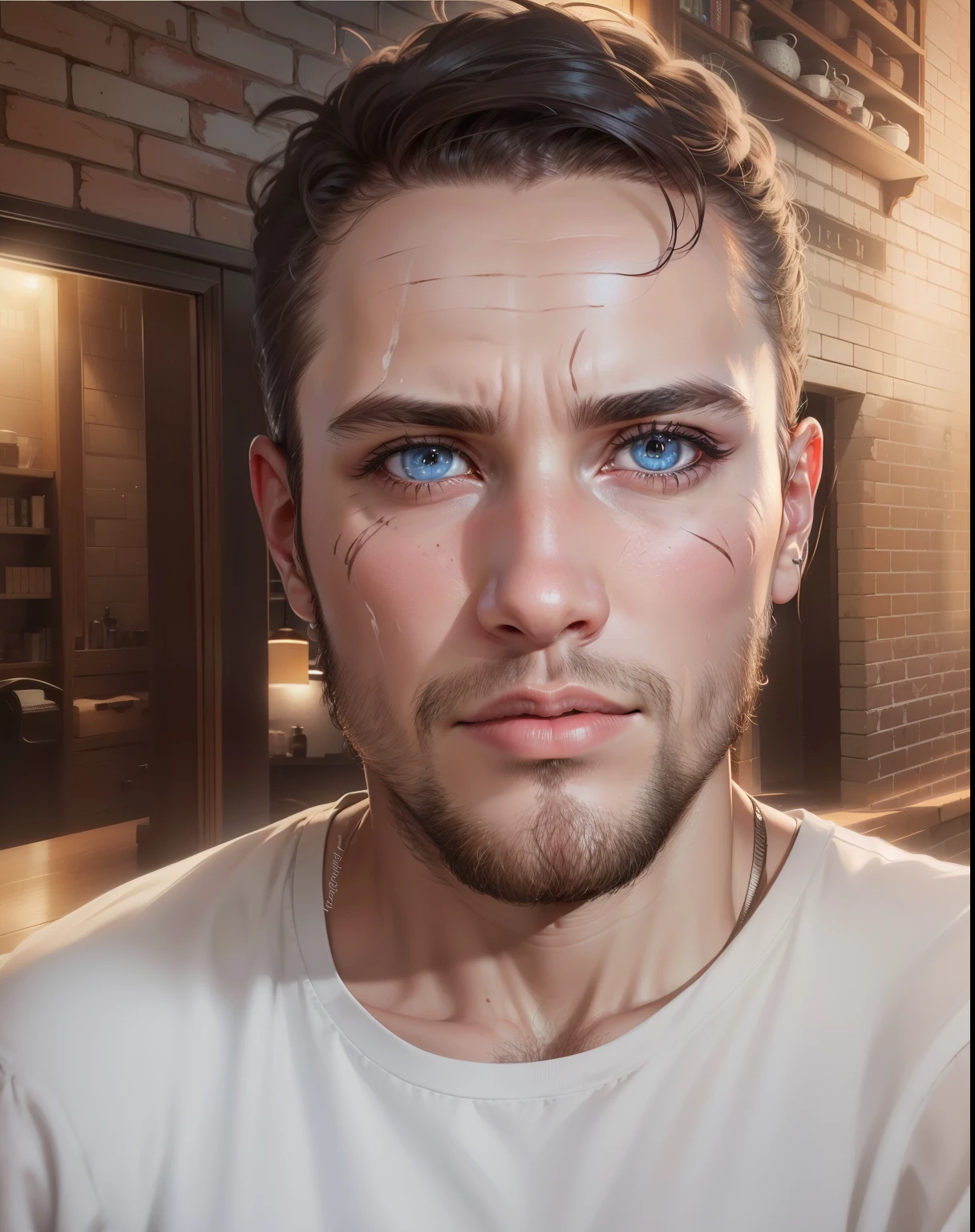 create the clearest maximum realistic high quality 8k beautiful eyes don't change your face don't change your eyes don't change your lips don't change the shape of your face don't change your hairstyle scar in the middle of the forehead scar under the right eye