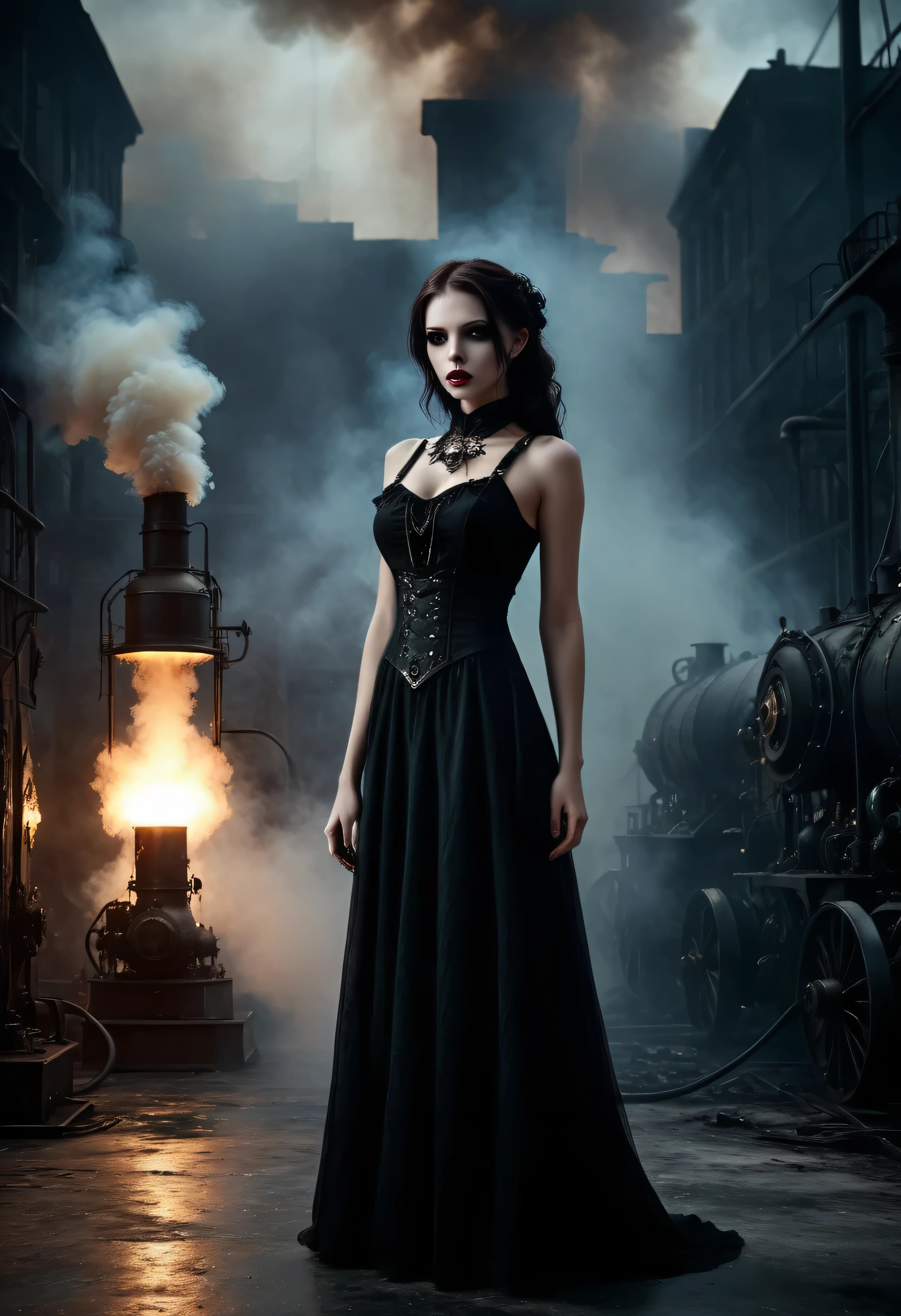 (((A very Beautiful Vampire girl wearing Pitch black Gothic long dress in Steam punk theme))) stand alone in the Factory ,Dark and Light gather with smoke((stand alone in the Dark City)), (((Sky burn in background))), (Chaos scenes in the big city), Collapse and civil war, destruction, (((The backdrop of depressing sadness))), Dull tone, Professional lighting, (((Sci-fi movies,Hollywood movies, Professional staging, Realistic images are very high., Hyperrealistic))), fantasy picture, Realistic,studio lighting, flare from the sky,The air was gloomy and smoky.