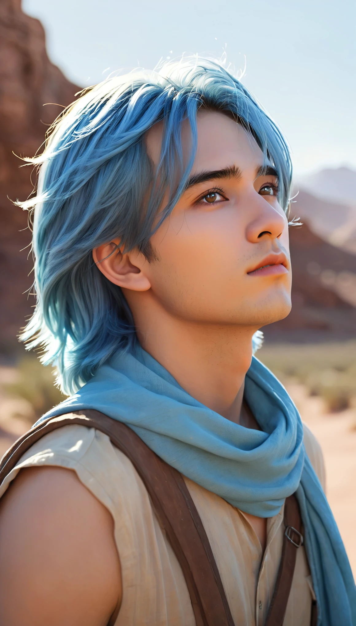 Beautifully painted, high quality, Ultra-detailed CG illustrations,Depicts a young man with a calm expression, He stared into the distance,A striking head of light blue hair fluttering gently in the desert breeze. The scenery behind is vast and breathtaking, Lead the audience into a wonderful and exploratory world.