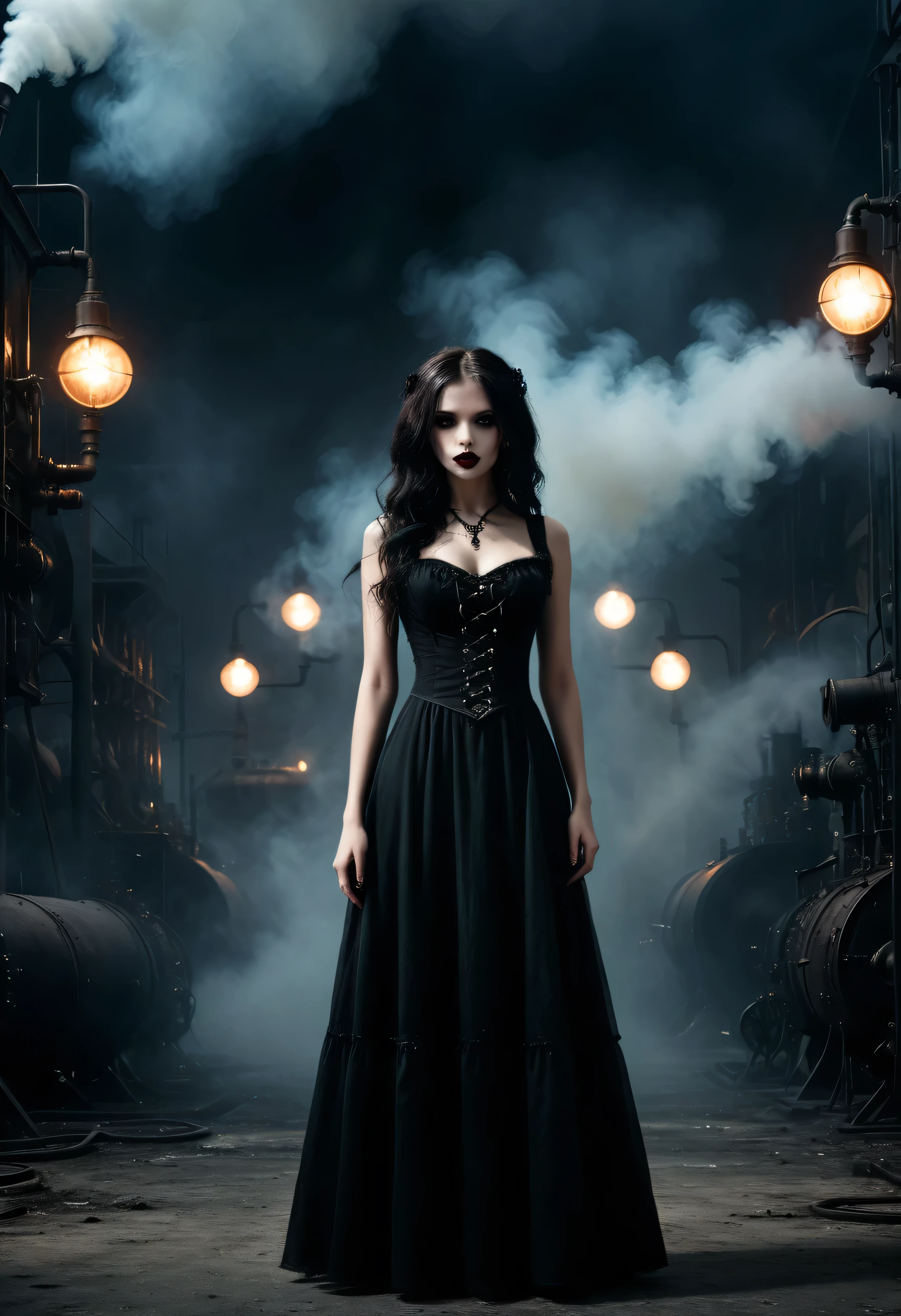 (((A very Beautiful Vampire girl wearing Pitch black Gothic long dress in Steam punk theme))) stand alone in the Factory ,Dark and Light gather with smoke((stand alone in the Dark City)), (((Sky burn in background))), (Chaos scenes in the big city), Collapse and civil war, destruction, (((The backdrop of depressing sadness))), Dull tone, Professional lighting, (((Sci-fi movies,Hollywood movies, Professional staging, Realistic images are very high., Hyperrealistic))), fantasy picture, Realistic,studio lighting, flare from the sky,The air was gloomy and smoky.