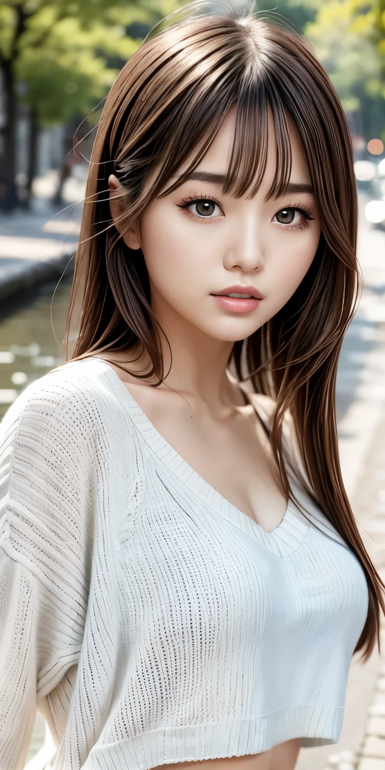 A girl walking along the river, Mix 4, sweater, pillow, lips, Open_mouth, Realistic, photograph_\(Moderate\), alone, Packed_animal, Packed_toy, Teddy_bear,(masterpiece),(photographRealistic:1.3), Very detailed, (Skin with attention to detail:1.2),(highest quality:1.0), (Ultra-high resolution:1.0), (Ulzzang-6500:0.3), Wavy fine hair, Long Hair, sunlight, (Beautiful and detailed makeup), (Sexually excited、Blushing、breathing becomes rough:1.0), Flower Theme Petals Scattered, (Flowers with a soft glow:0.5)